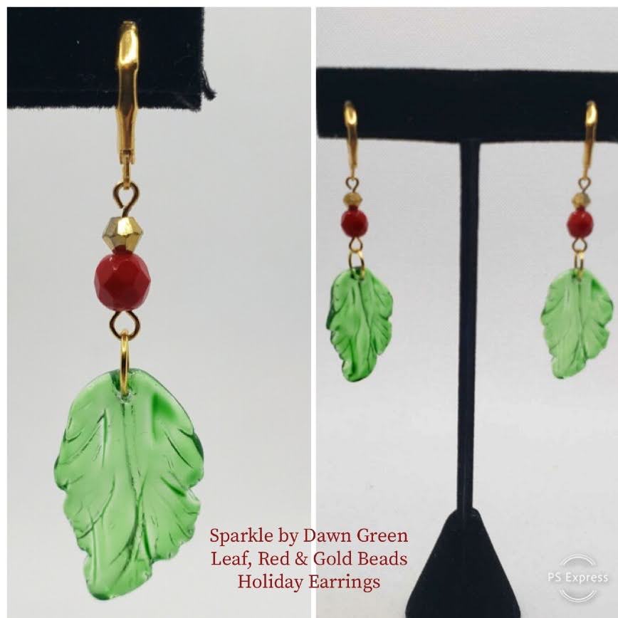 Green leaf, red and gold beads Holiday earrings