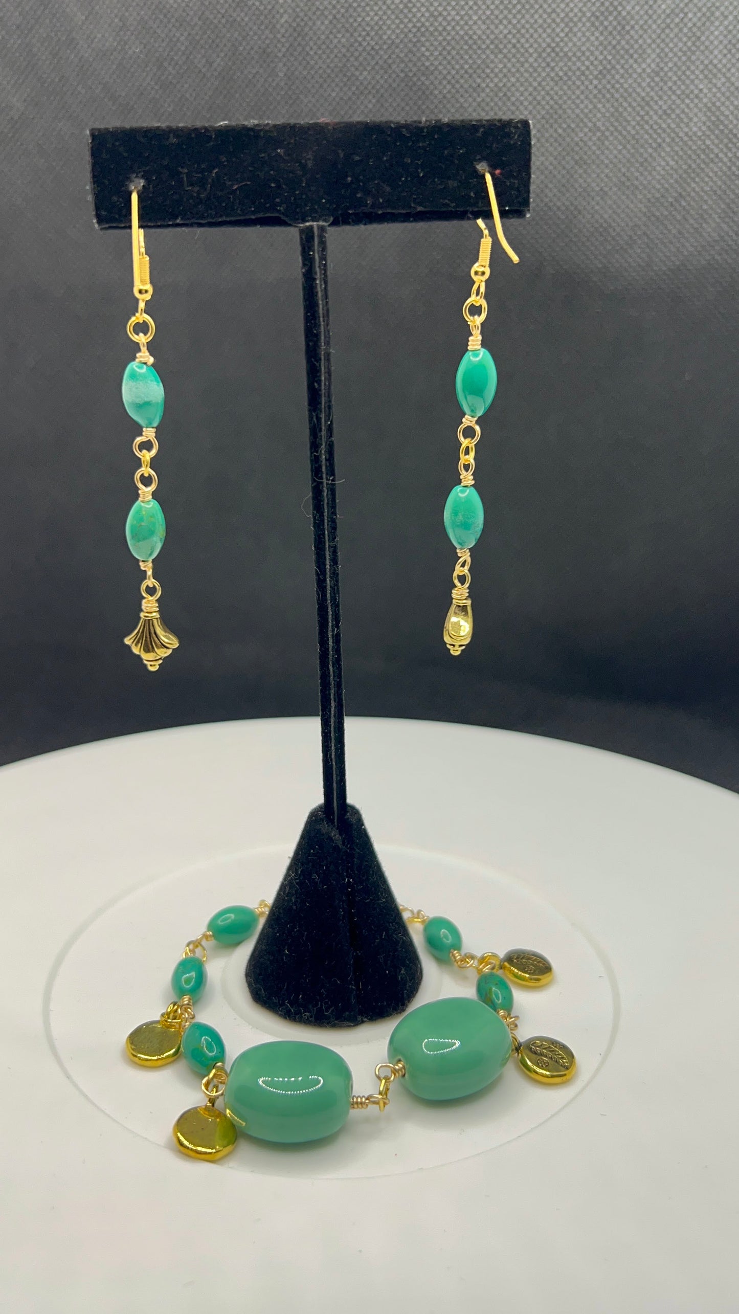 Aquamarine Howlite and Porcelain Beads and Gold Bracelet with lobster clasp and Earrings