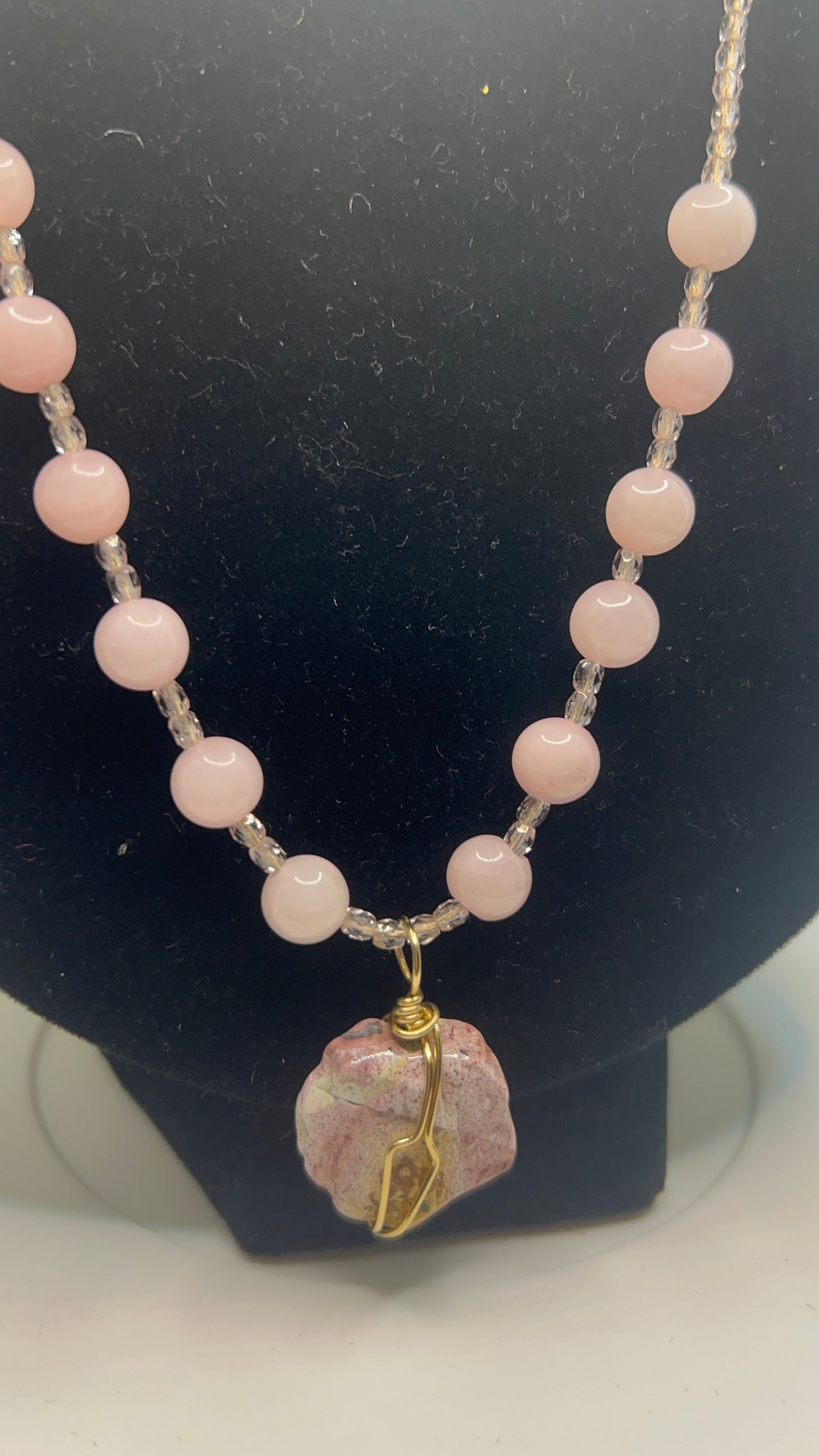 Pink Quartz with Jasper Coin Focal and Gold Chain 19in and Earrings