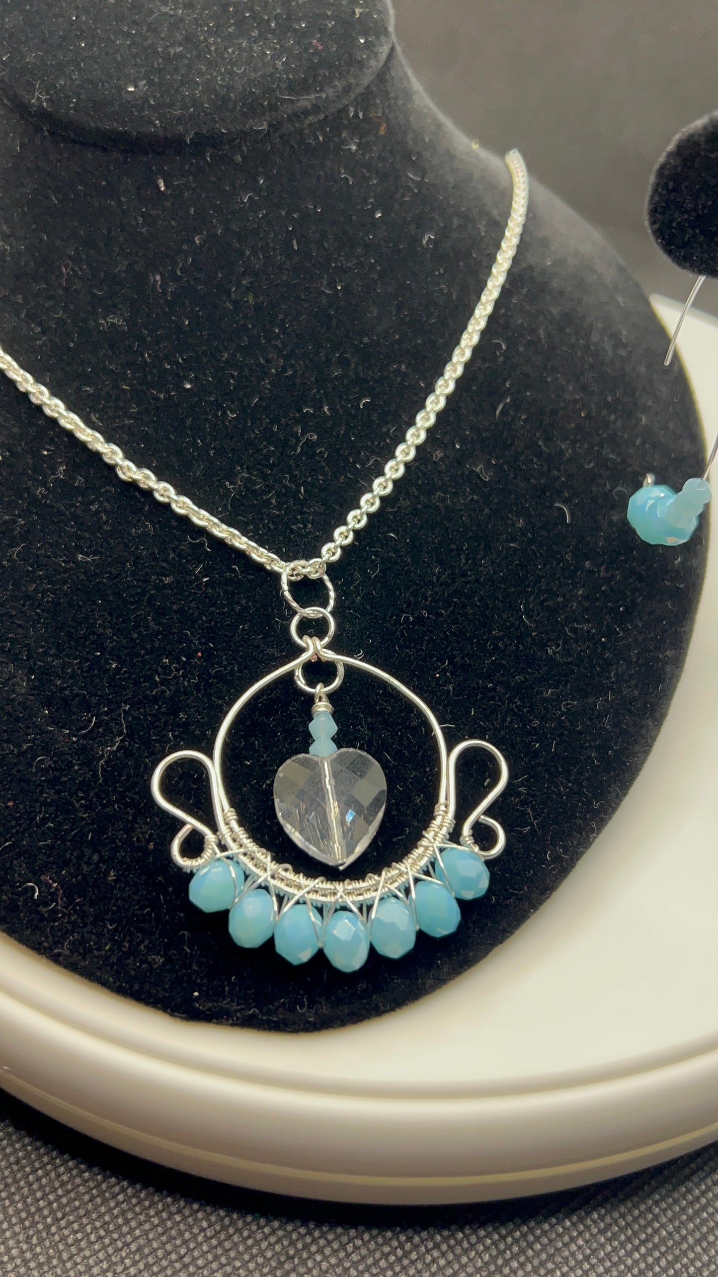 Sky Blue Crystals and Heart Wrapped Pendant Necklace and Earrings