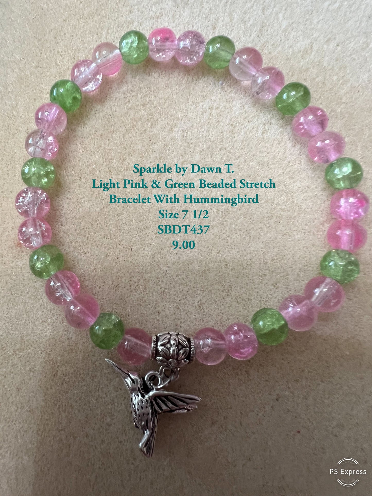 Light Pink and Green Stretch Bracelet with Hummingbird