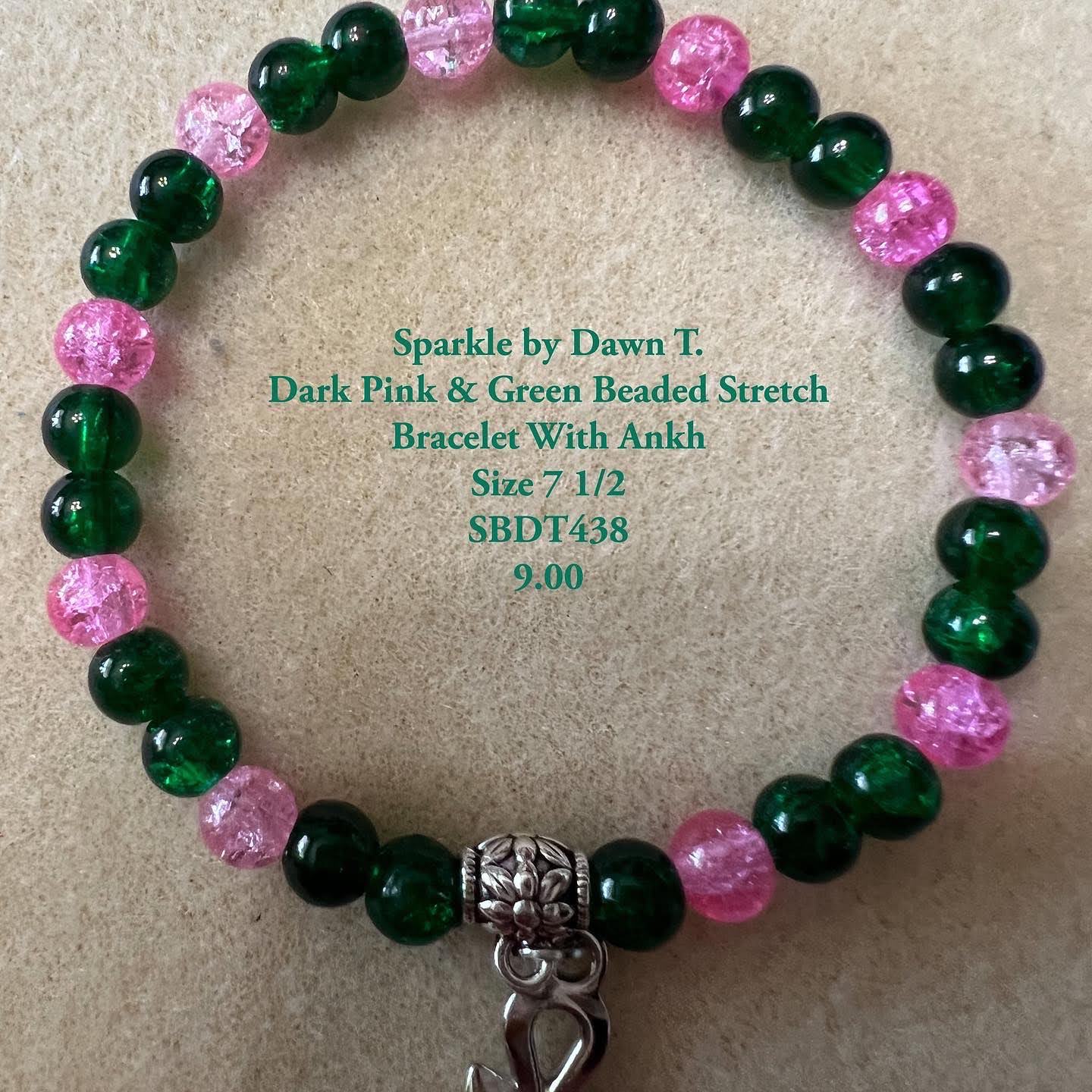 Dark Green and Pink Stretch Bracelet with Ankh