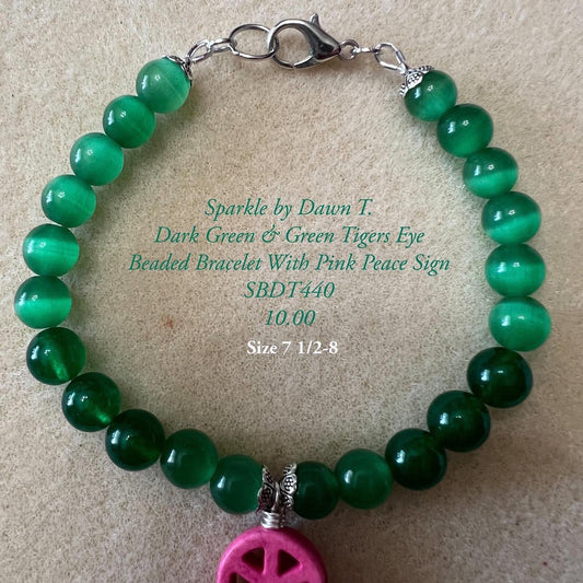 Dark Green and Green Tiger's Eye with Pink Peace Sign 7 1_2 - 8