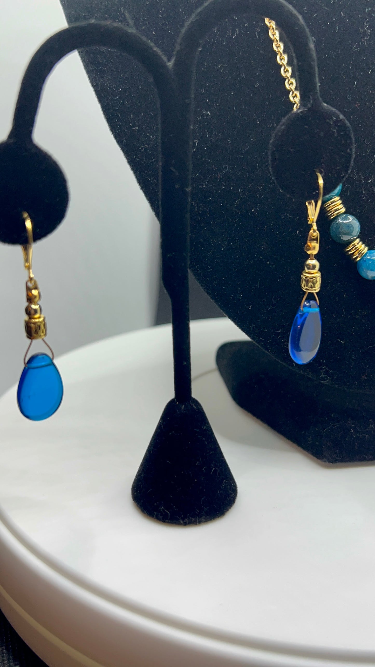 Blue Apatite with Blue Czech Glass Focal and Gold Chain Necklace and Blue Czech Glass Tear Drop and Gold Earrings