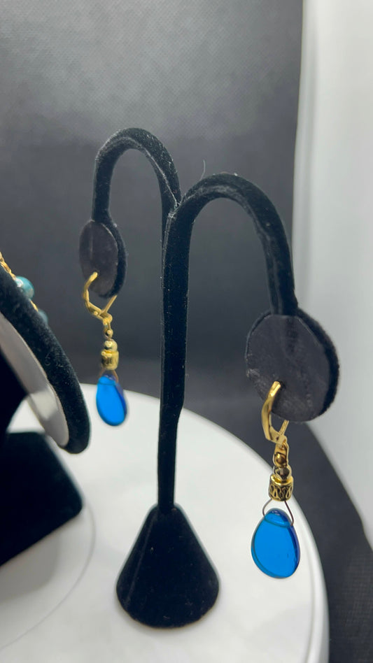 Blue Apatite with Blue Czech Glass Focal and Gold Chain Necklace and Blue Czech Glass Tear Drop and Gold Earrings