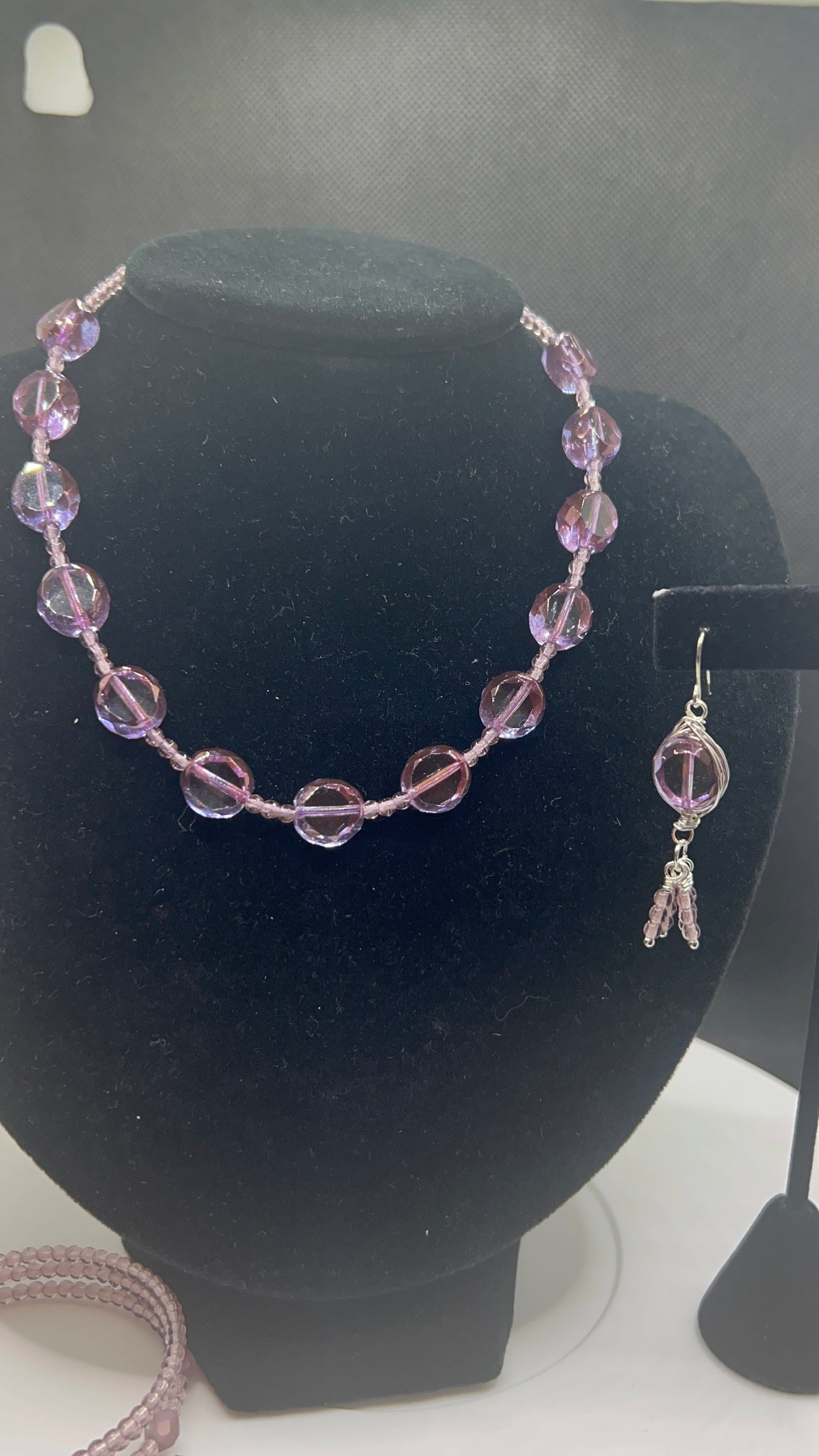 Lavender Czech Glass Choker_Necklace 15-16in and Earrings with Frosted Lavender Czech Glass Wrap Bracelet