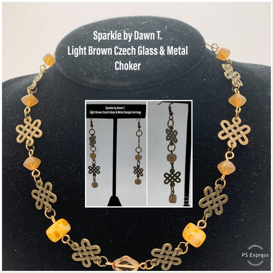 Light Brown Czech Glass and Metal Choker and Matching Earrings