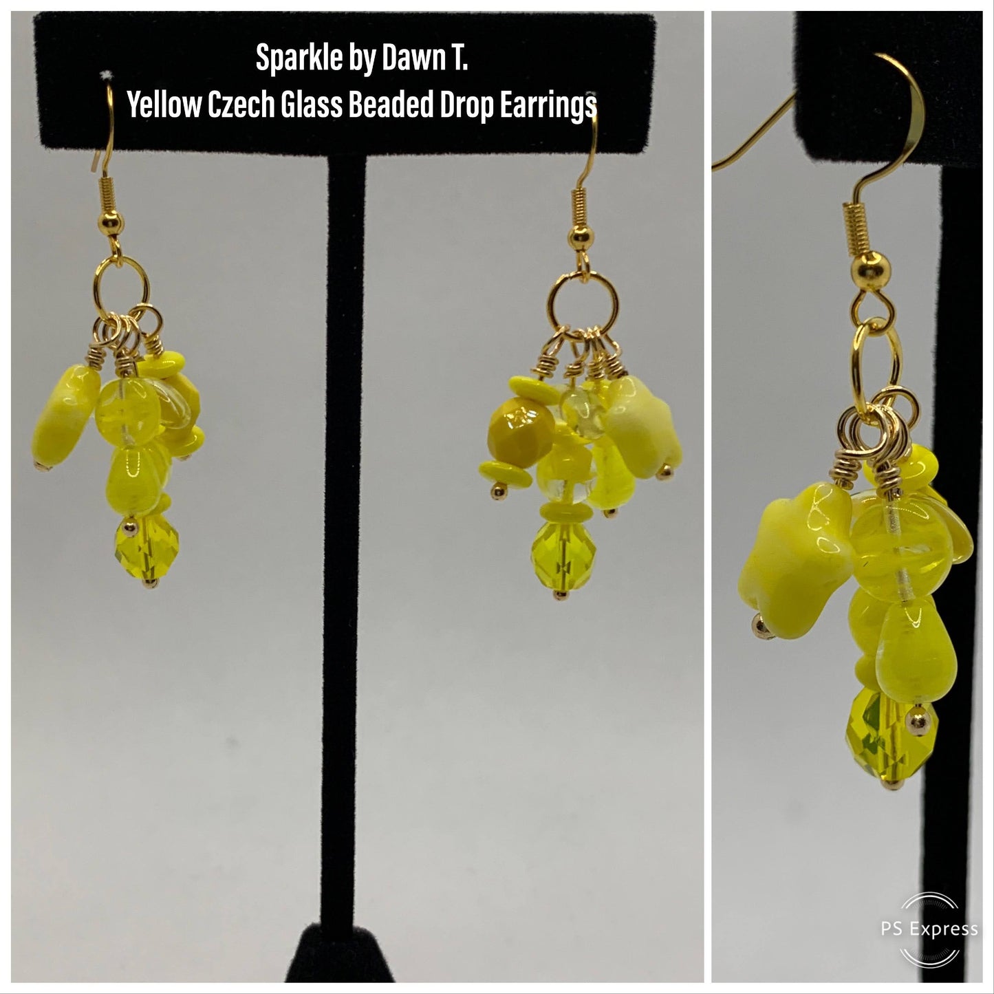 Yellow Multi-shaped Necklace  with chain focal 19in and Earrings