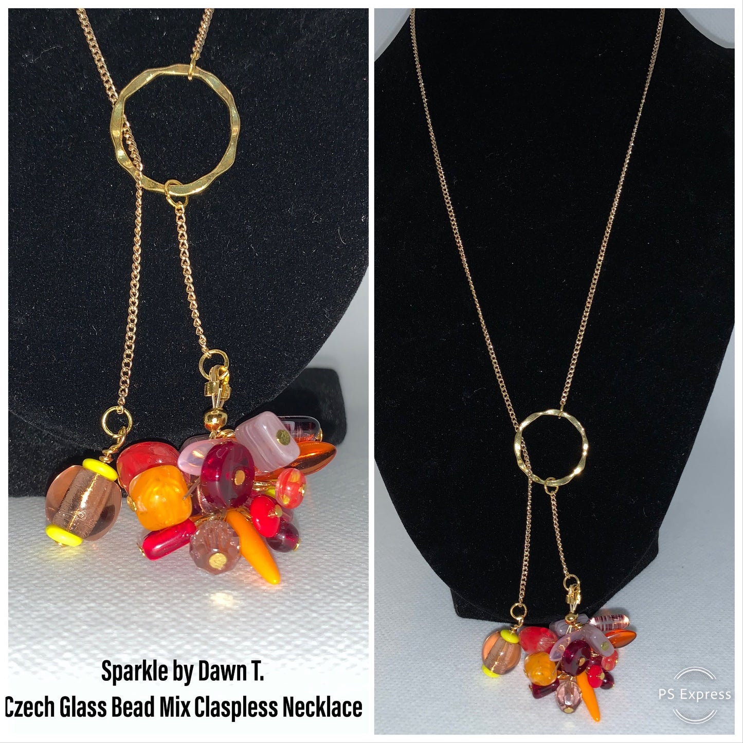 Claspless Multicolored spring_summer lariot necklace 16in with matching earrings and bracelet