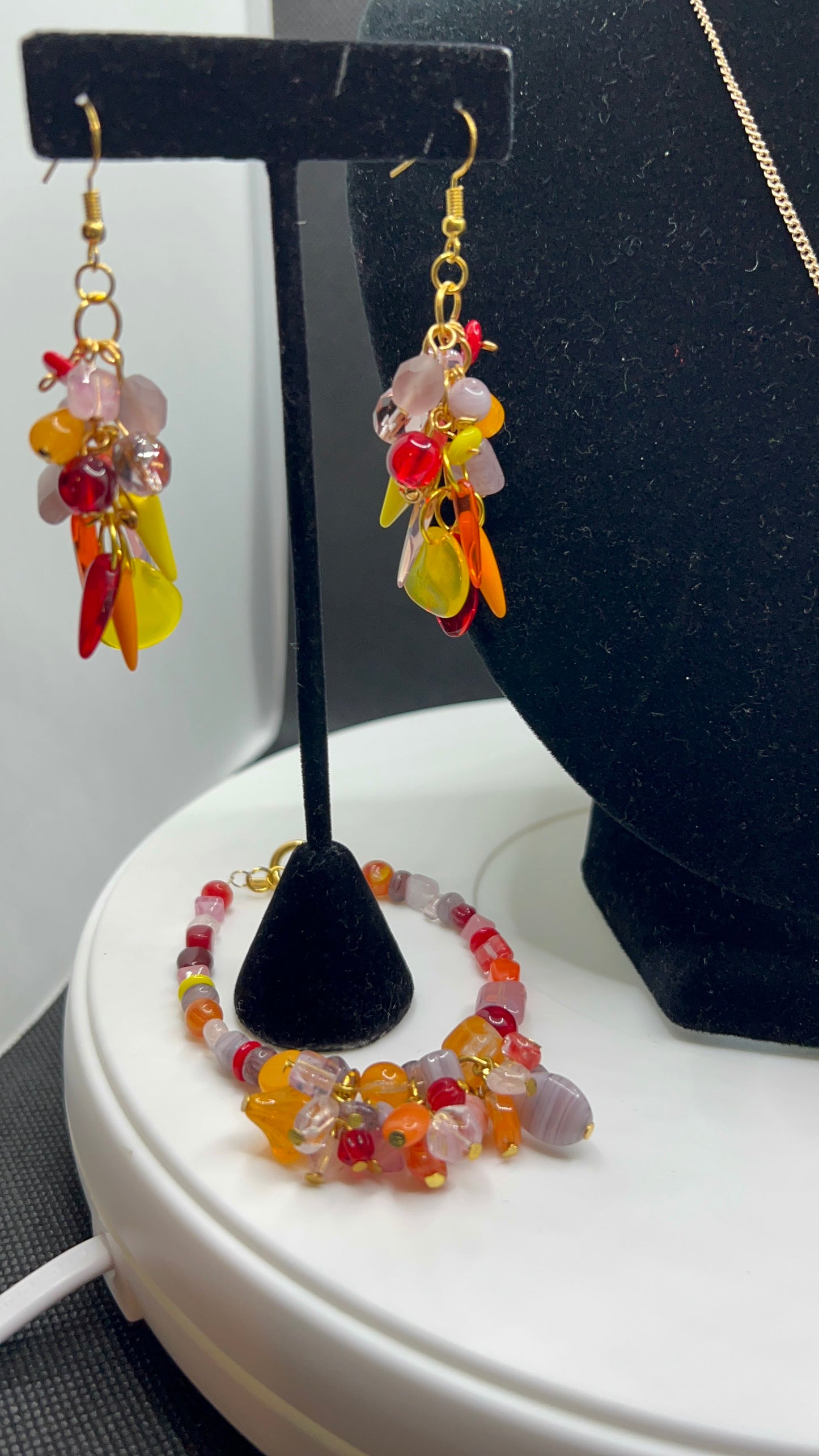 Claspless Multicolored spring_summer lariot necklace 16in with matching earrings and bracelet