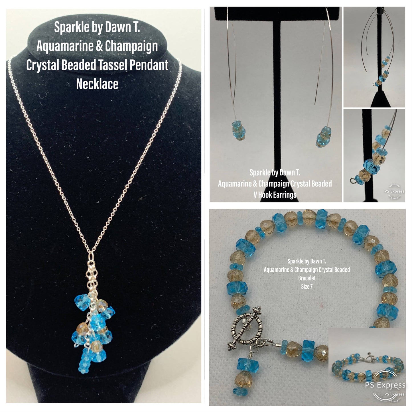 Aquamarine and Champaign Crystal Beaded Tassel Pendant Necklace with matching V Earrings and Bracelet Size 7