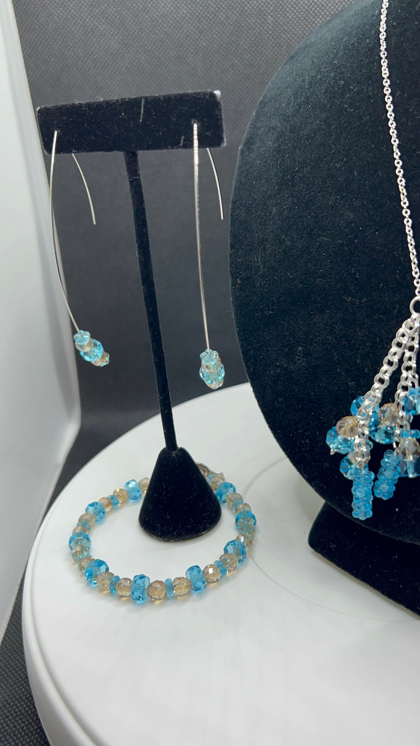 Aquamarine and Champaign Crystal Beaded Tassel Pendant Necklace with matching V Earrings and Bracelet Size 7