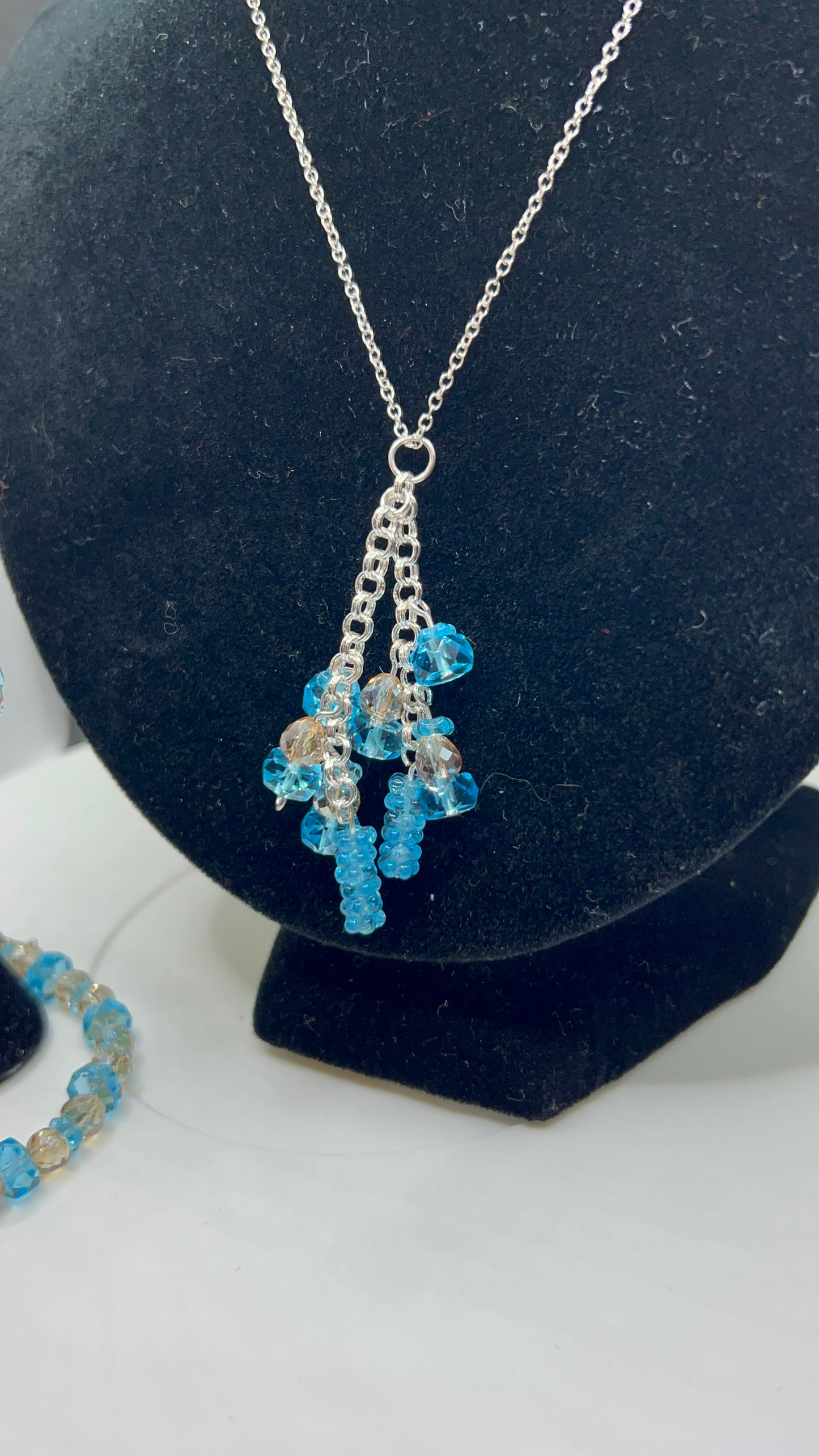 Aquamarine and Champaign Crystal Beaded Tassel Pendant Necklace with matching V Earrings and Bracelet Size 7