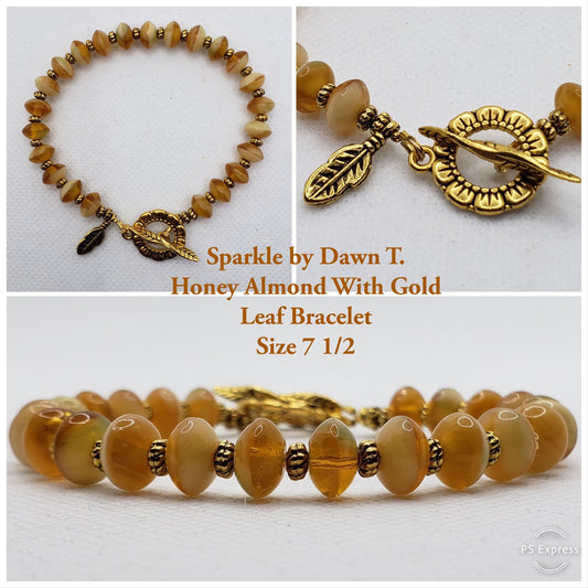 Honey Almond with Gold Leaf Bracelet size with matching sculpted earrings Set