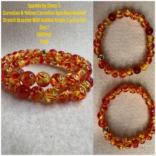 2-piece Carnelian and Yellow Speckled beaded stretch bracelet with golden bead