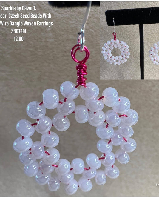 Fuchsia wire with white pearl Czech seed beads