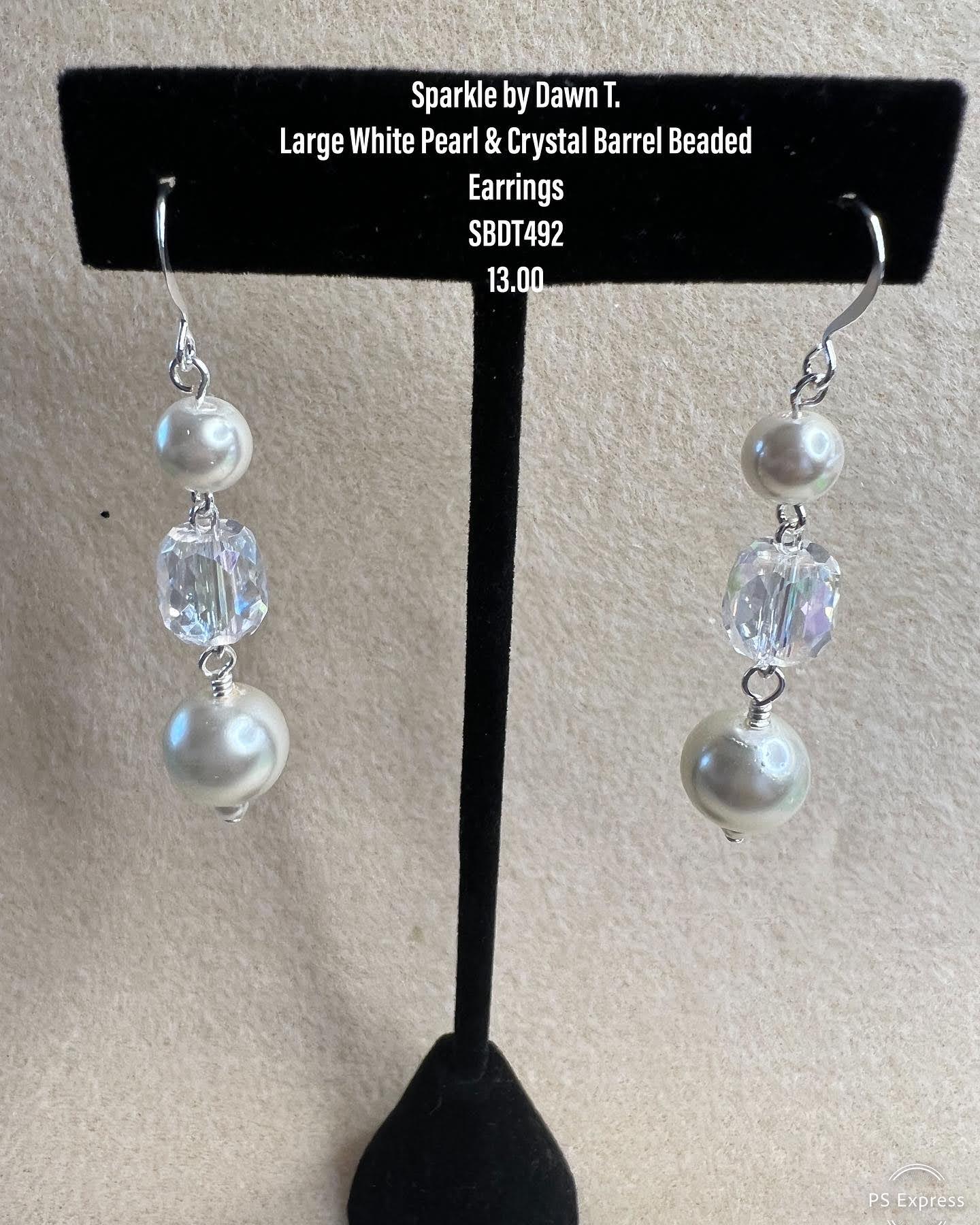 Large Pearl and crystal barrel beads earrings