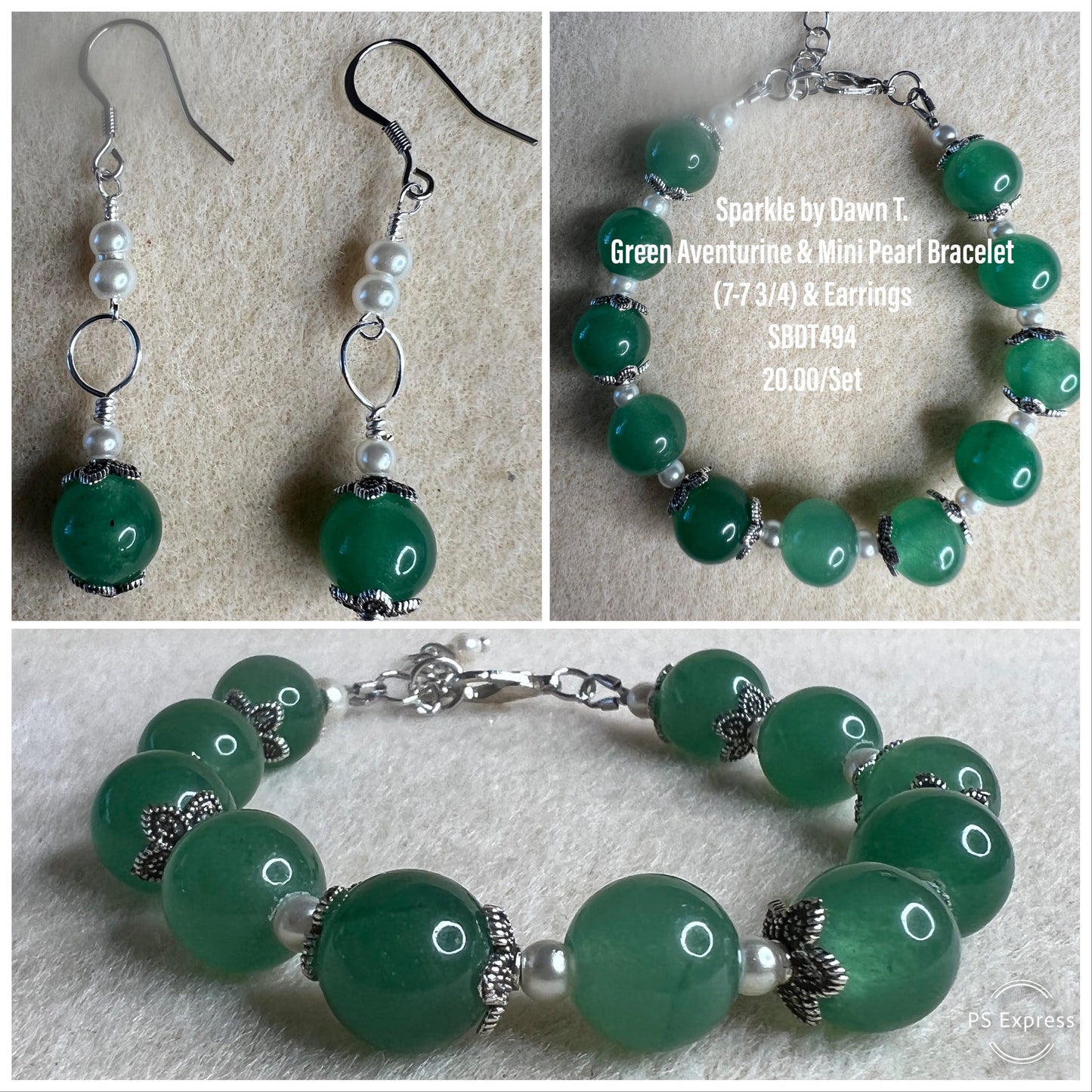 Green Aventurine and mini pearl bracelet with earrings - silver