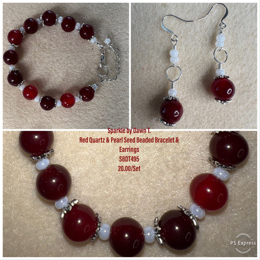 Red Quartz and mini pearls bracelet with earrings on silver