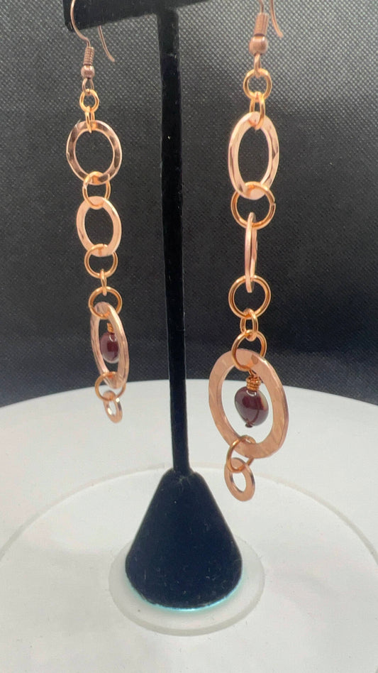 Extra-long Copper Washer Earrings with brown gemstones