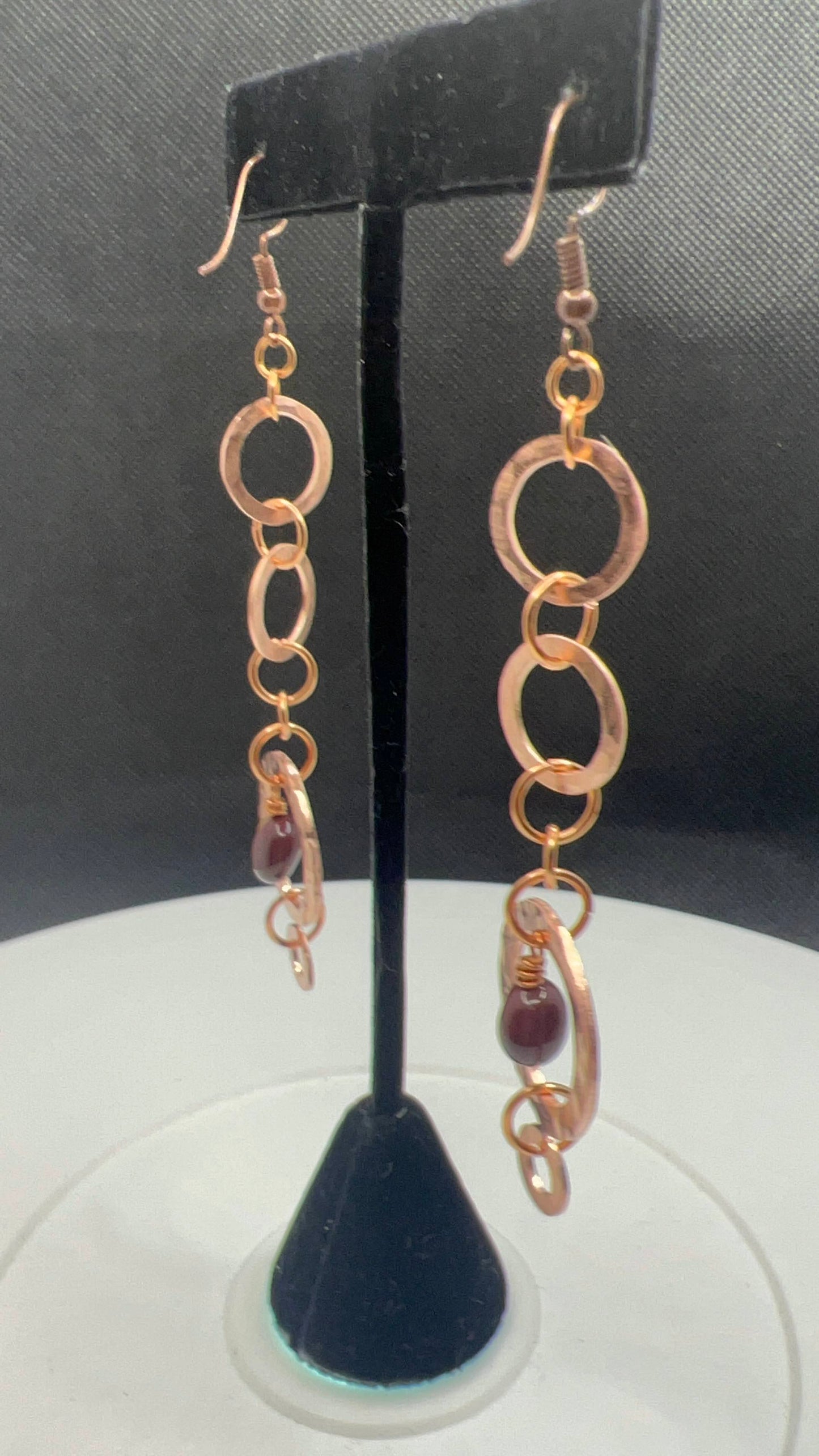 Extra-long Copper Washer Earrings with brown gemstones