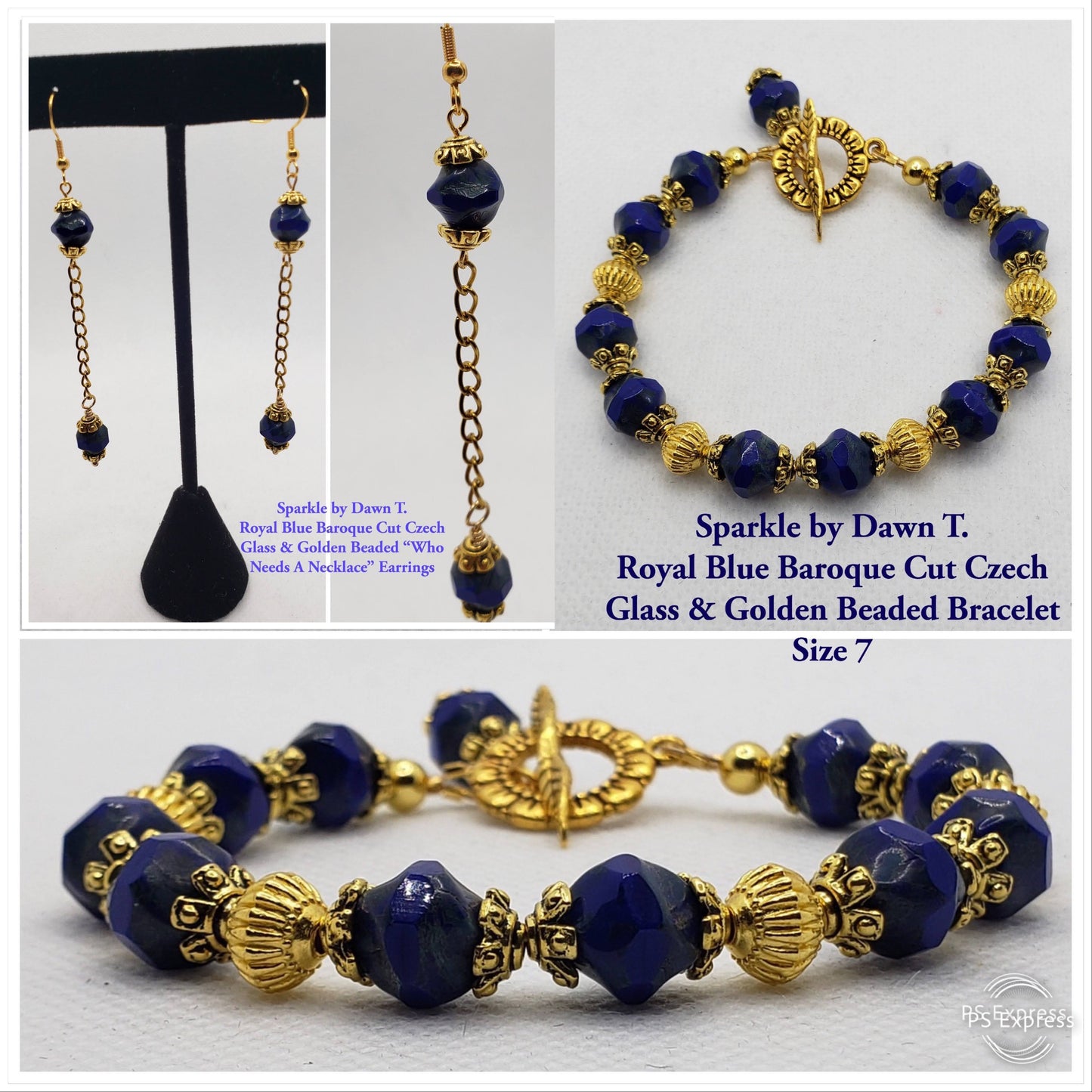 Royal Blue Baroque Cut Czech Glass and Golden Beaded Bracelet and matching "Who Needs a Necklace" Earrings Set