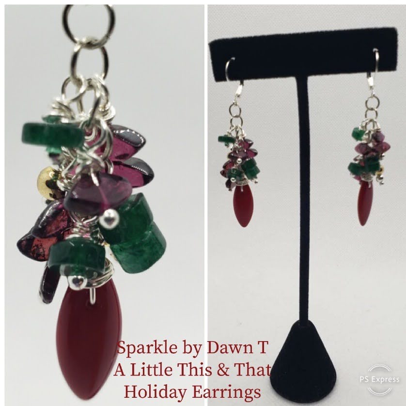 A Little This and That Holiday Earrings jade heishi, garnet large oval and small beads, and silver