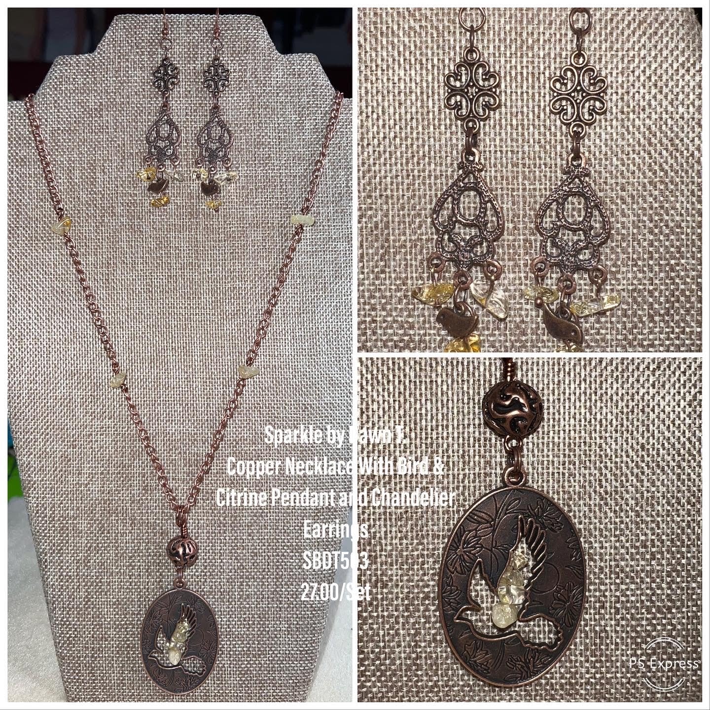 Copper Necklace with Bird and Citrine pendant and Chandelier Earrings