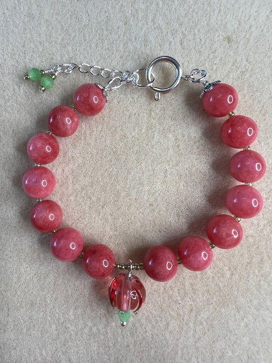 Pink Quartz with Magenta Lampwork Glass Flower and Spring Green Bicones Beaded Bracelet