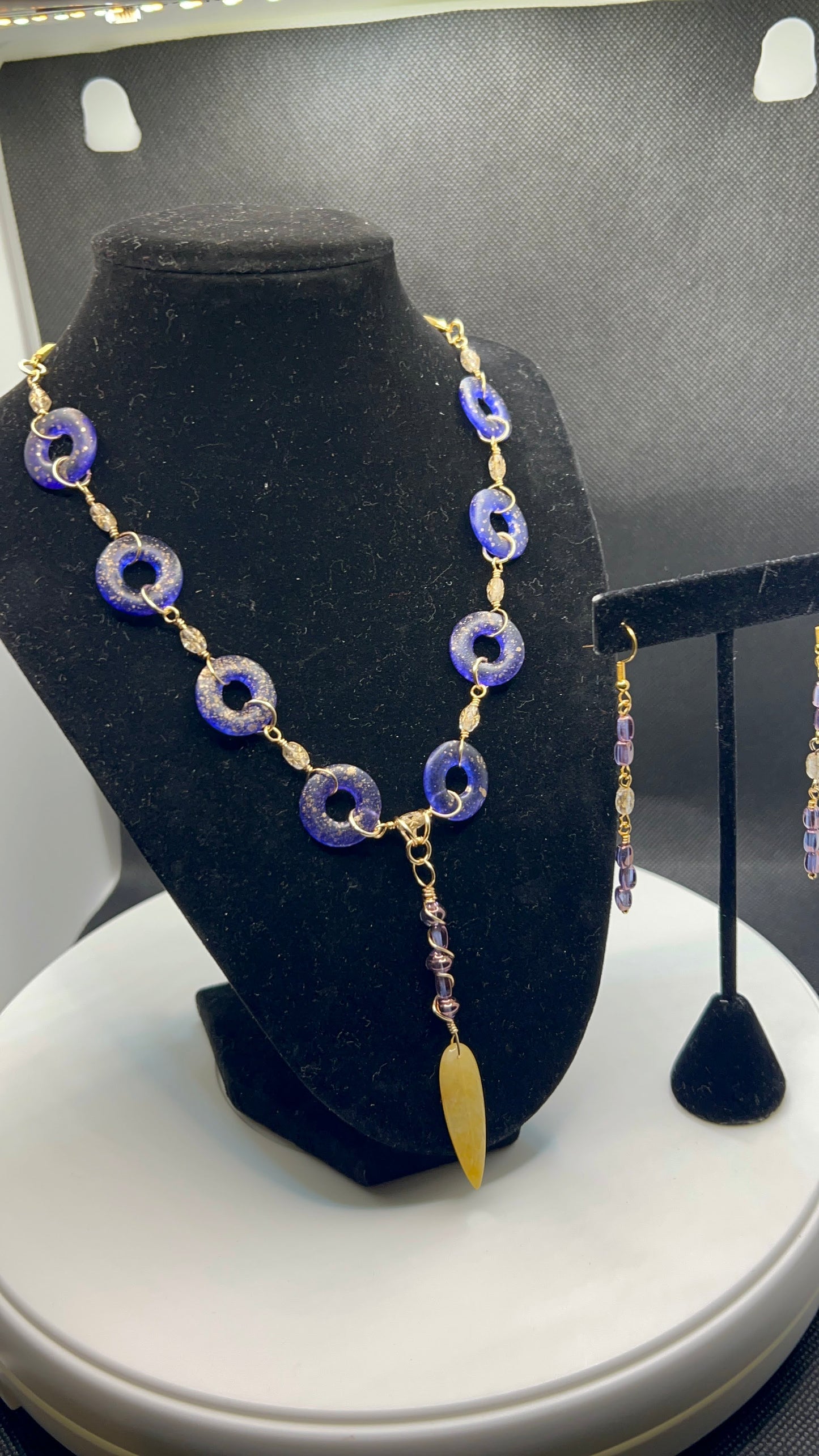 Golden Suede with Purple Bluish Gold Speckled Donuts, Night Star Rice Beads and Golden Quartz Leaf Focal Necklace 17 1_2 - 20in and Earrings