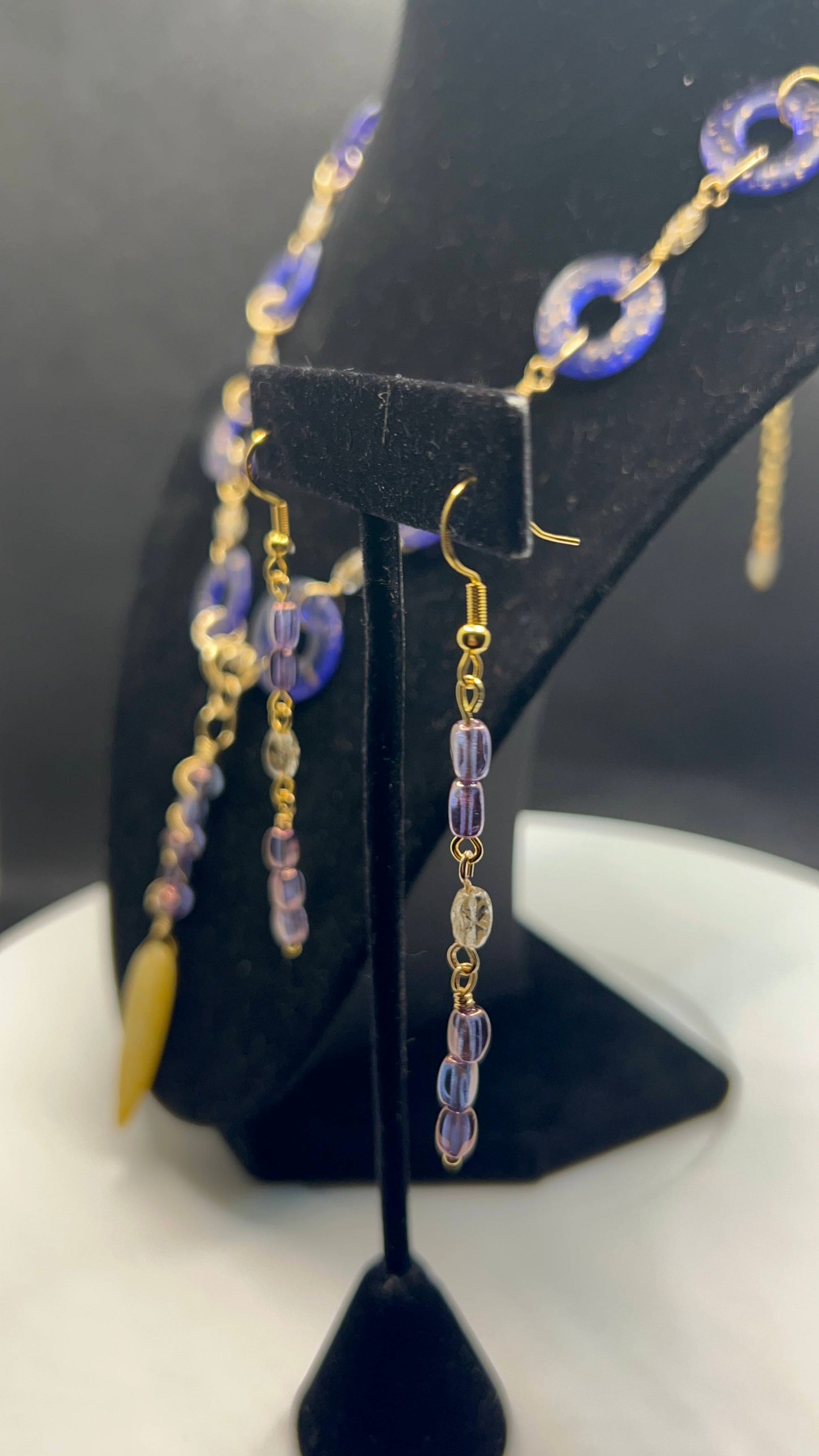 Golden Suede with Purple Bluish Gold Speckled Donuts, Night Star Rice Beads and Golden Quartz Leaf Focal Necklace 17 1_2 - 20in and Earrings