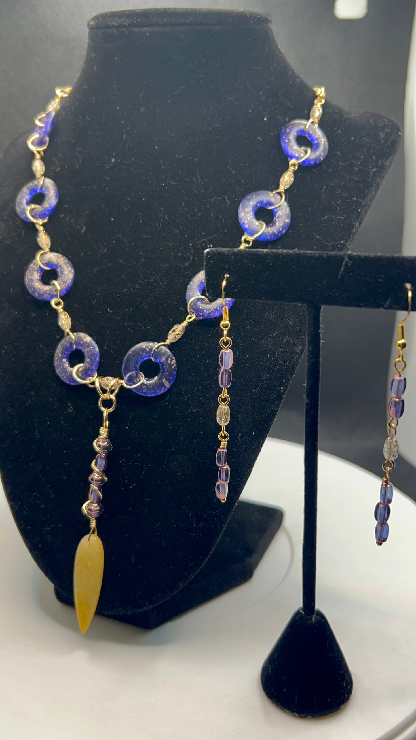 Golden Suede with Purple Bluish Gold Speckled Donuts, Night Star Rice Beads and Golden Quartz Leaf Focal Necklace 17 1_2 - 20in and Earrings