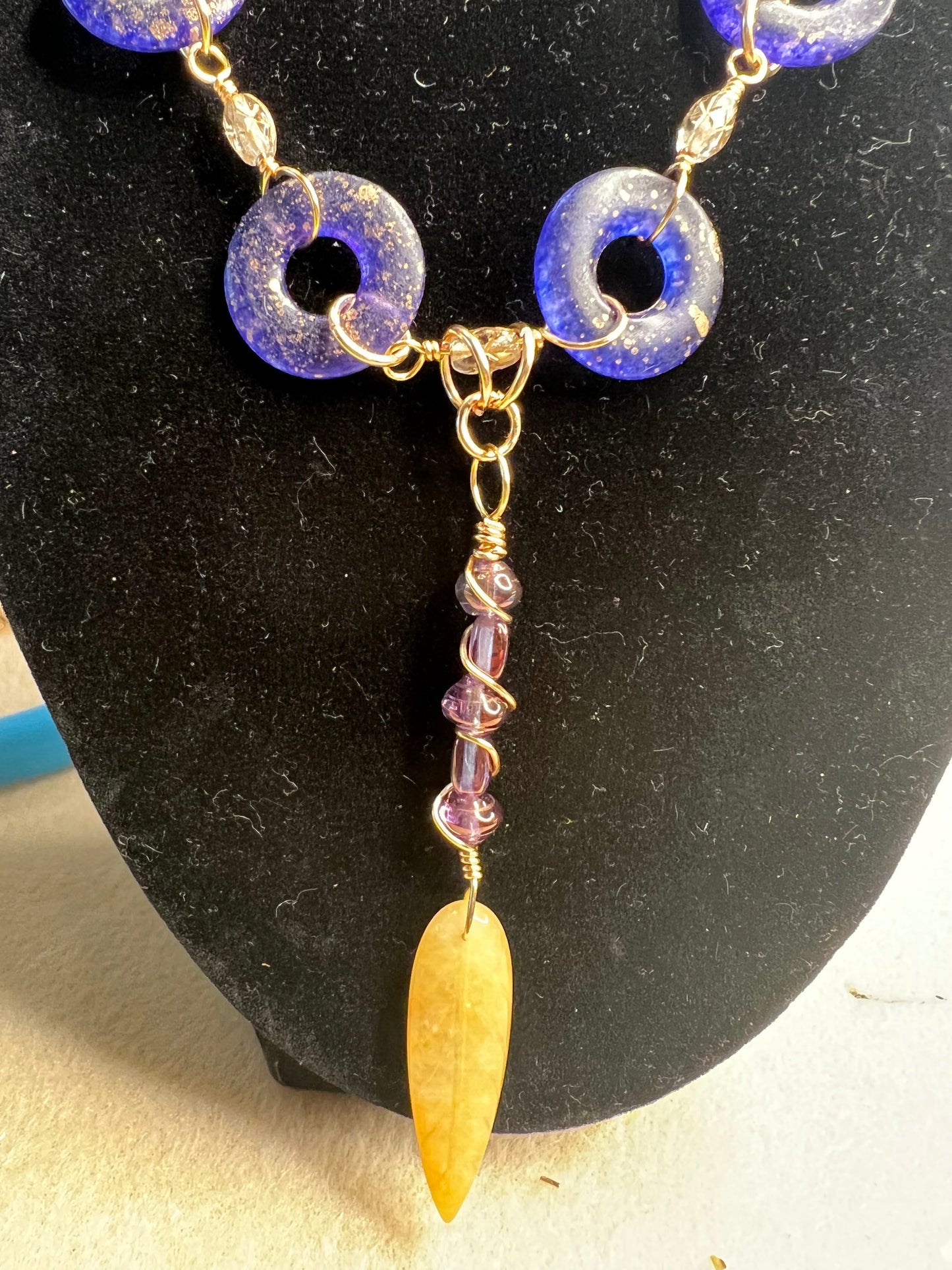 Golden Suede with Purple Bluish Gold Speckled Donuts, Night Star Rice Beads and Golden Quartz Leaf Focal Necklace 17 1_2 - 20in and Earrings