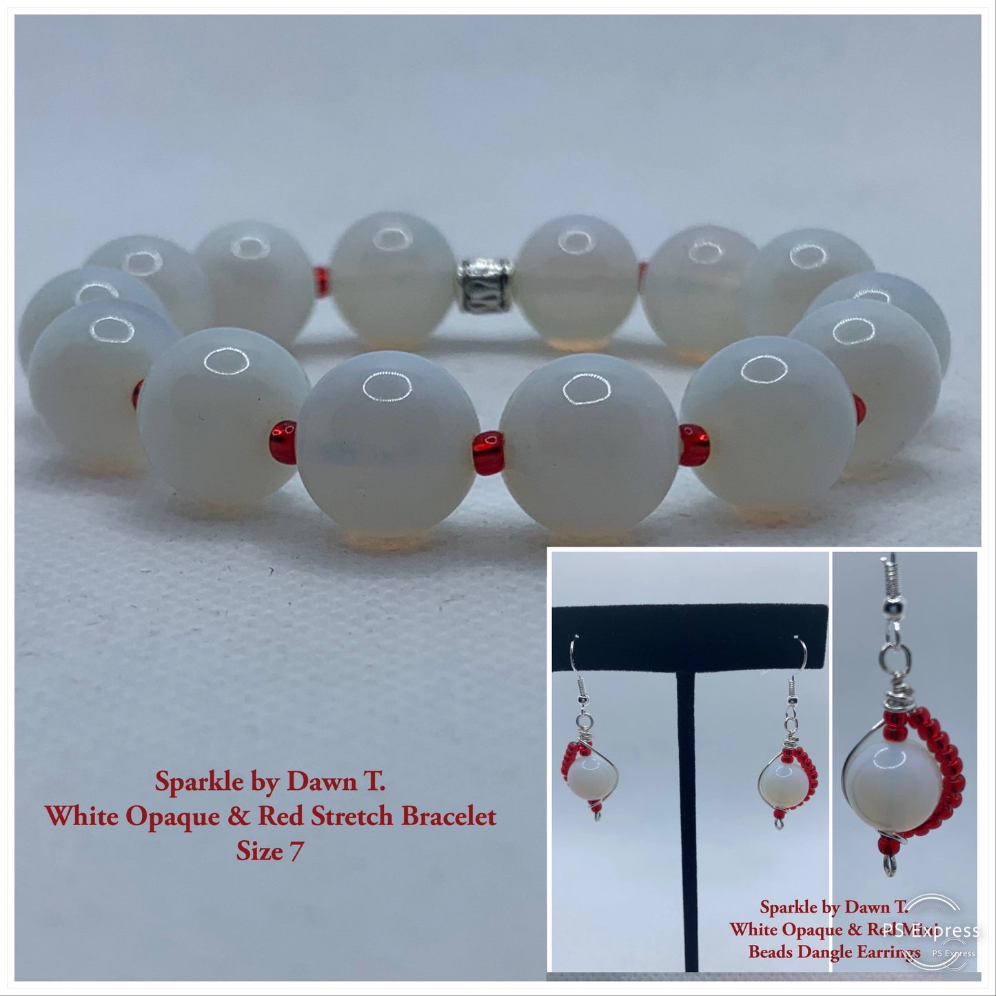 White Opaque and Red beaded Stretch Bracelet with matching earrings