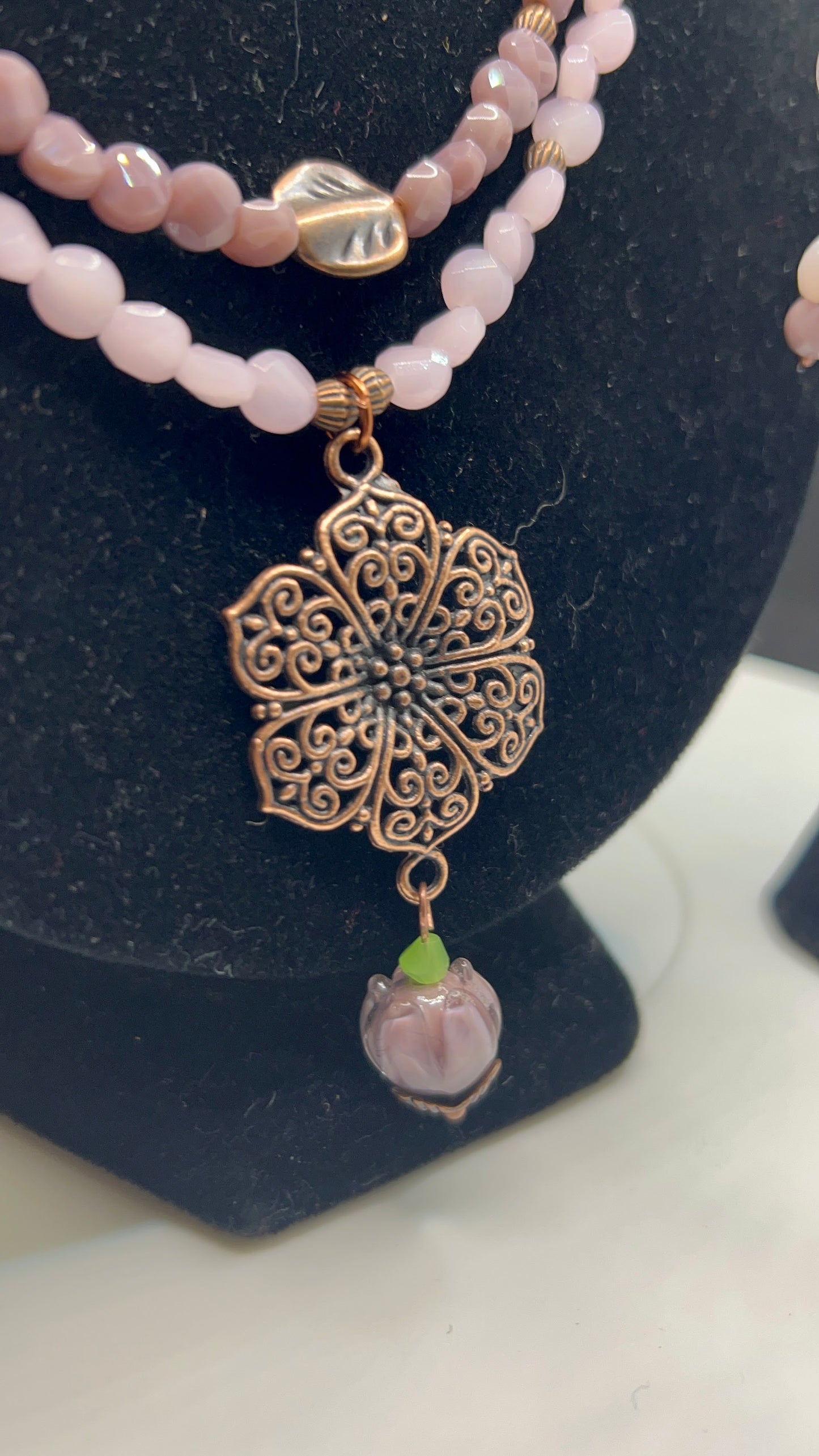 Light Lilac and Lavender Spiral Faceted Coin Beads with Filigree Flower Focal with Lavender Lampwork Glass Flower Pendant Earrings