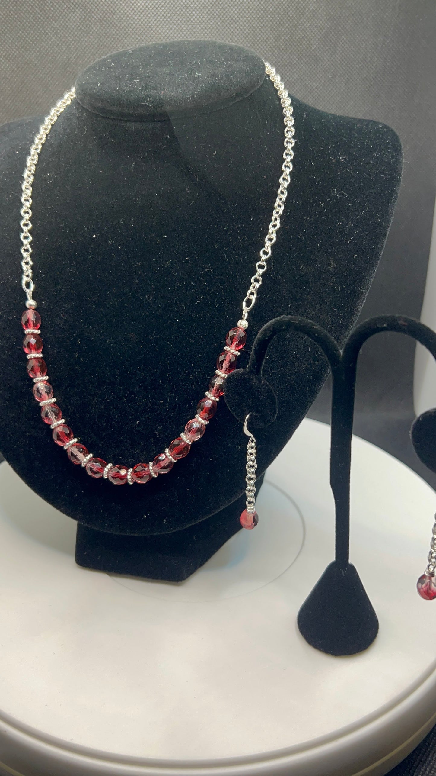 Ombre Cherry Czech Glass and Silver Necklace 19-21in with Earrings