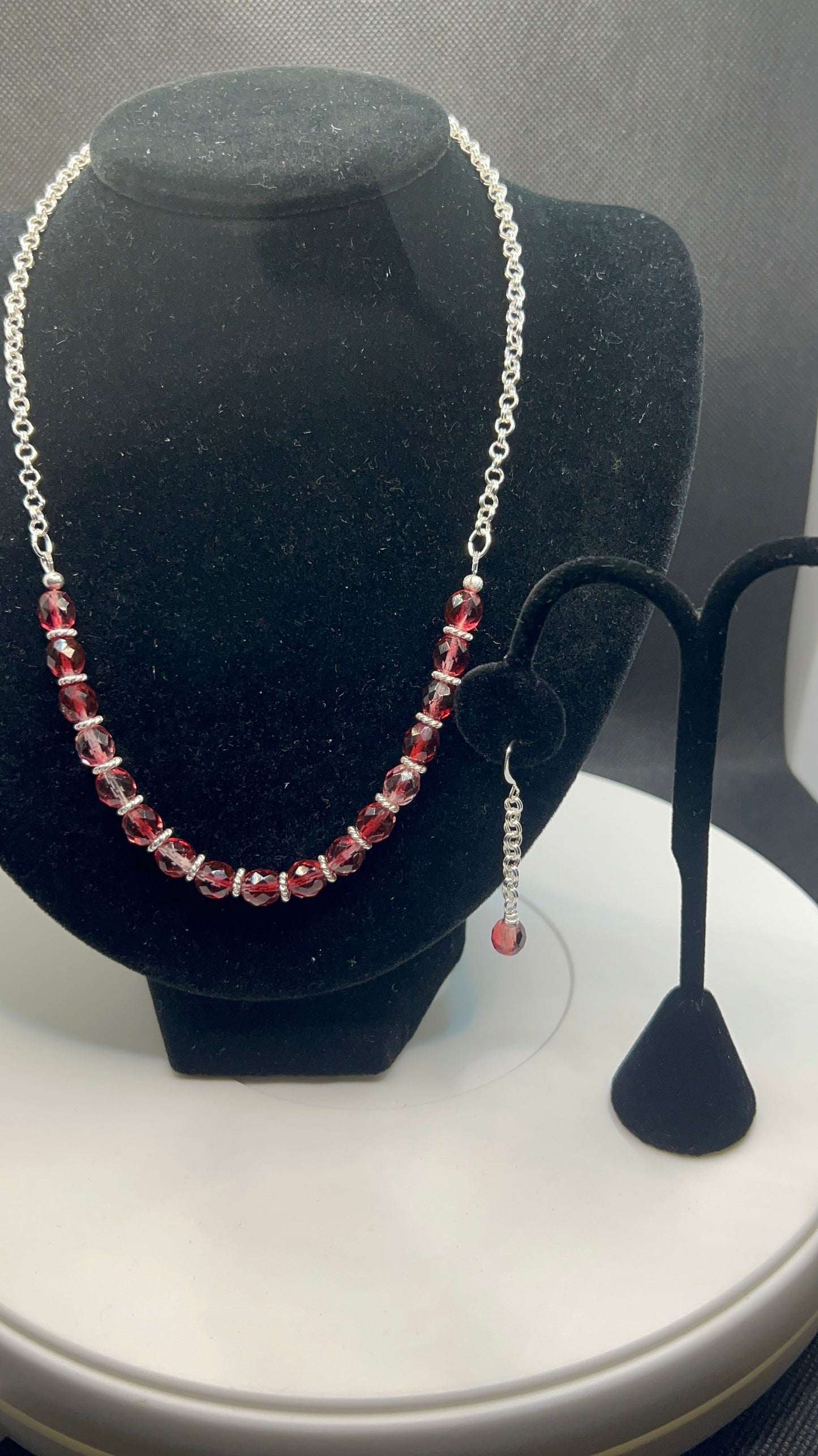 Ombre Cherry Czech Glass and Silver Necklace 19-21in with Earrings