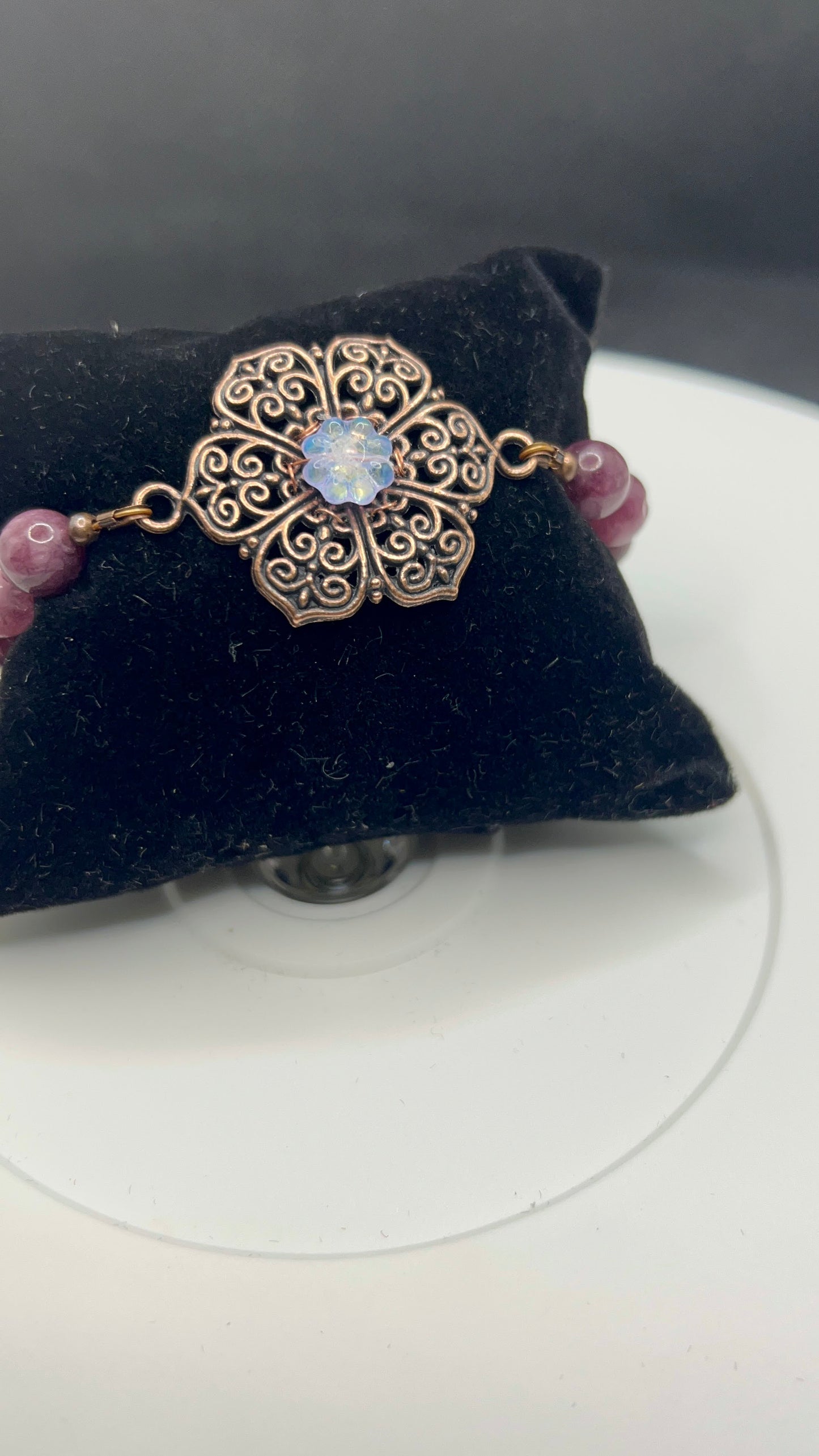 Amethyst Colored Beads with Antique Copper Filigree Flower Pendant Bracelet