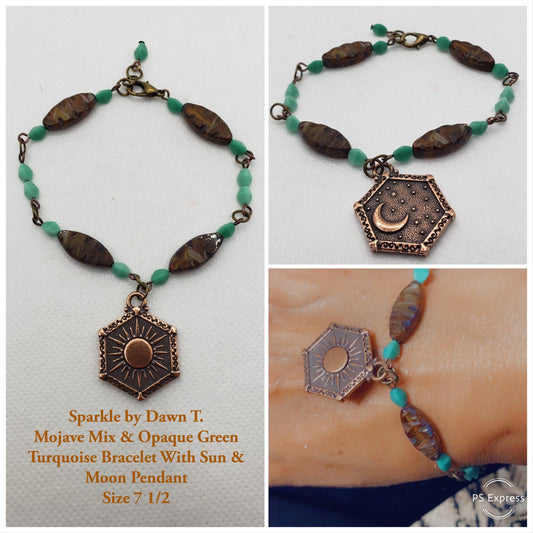 Mojave Mix and Opaque Green Turquoise Bracelet with Sun and Moon Pendant and Matching Earrings