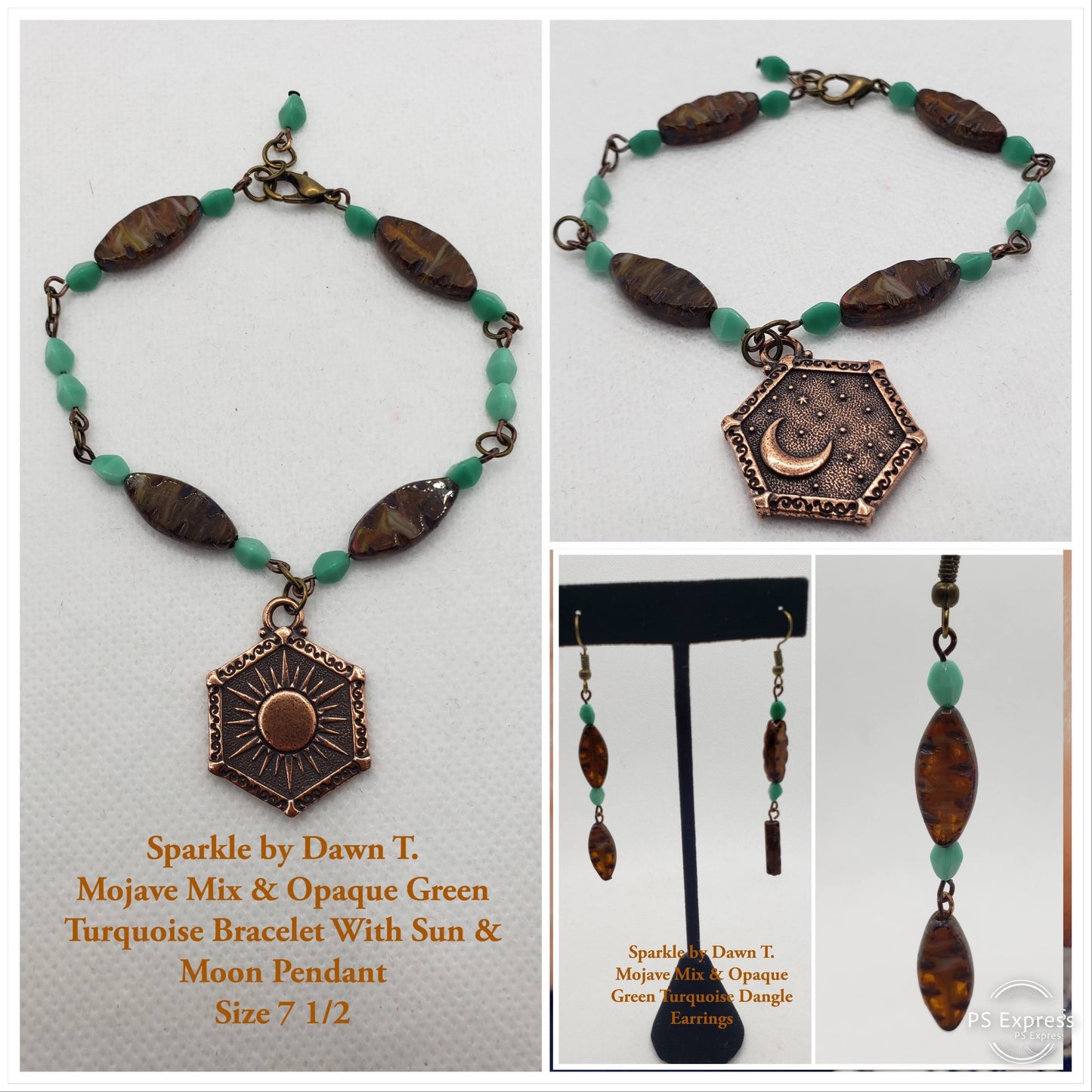 Mojave Mix and Opaque Green Turquoise Bracelet with Sun and Moon Pendant and Matching Earrings