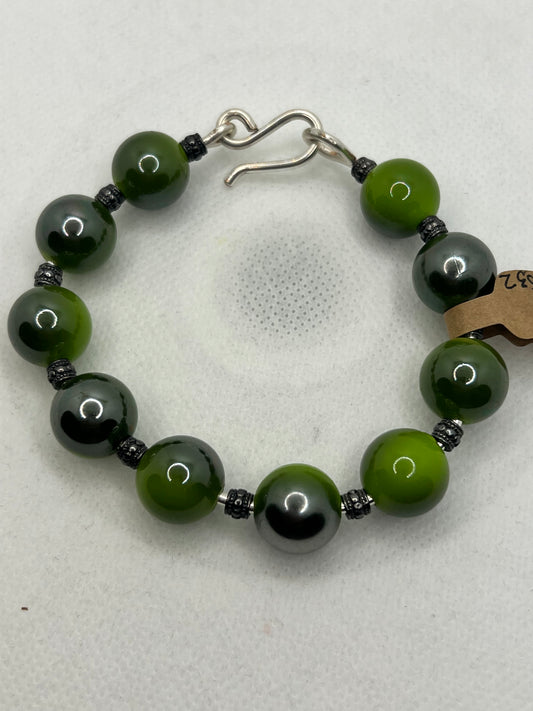 Green and Antique Silver Large Bead Bracelet