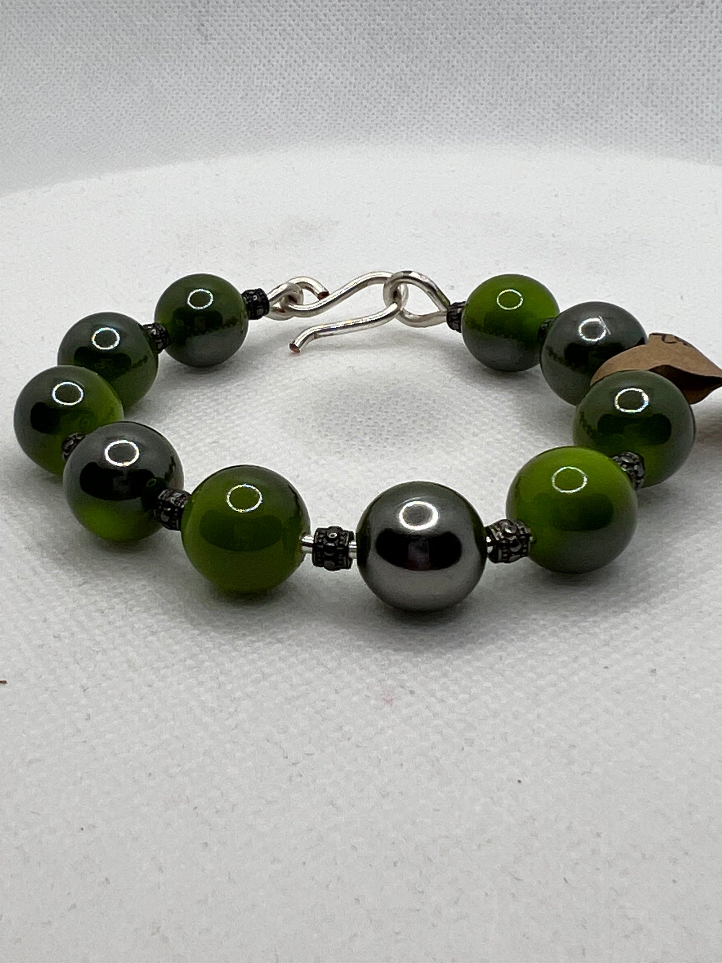 Green and Antique Silver Large Bead Bracelet