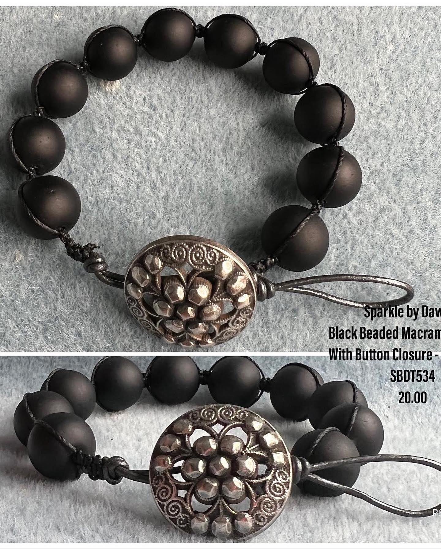 Black Beaded Macrame Bracelet with Button Closure