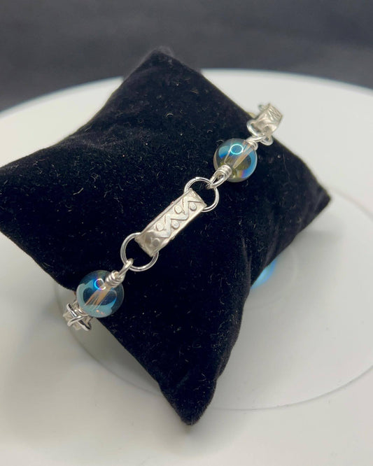 Blue Ombre Beads with Imprinted Metal Bracelet