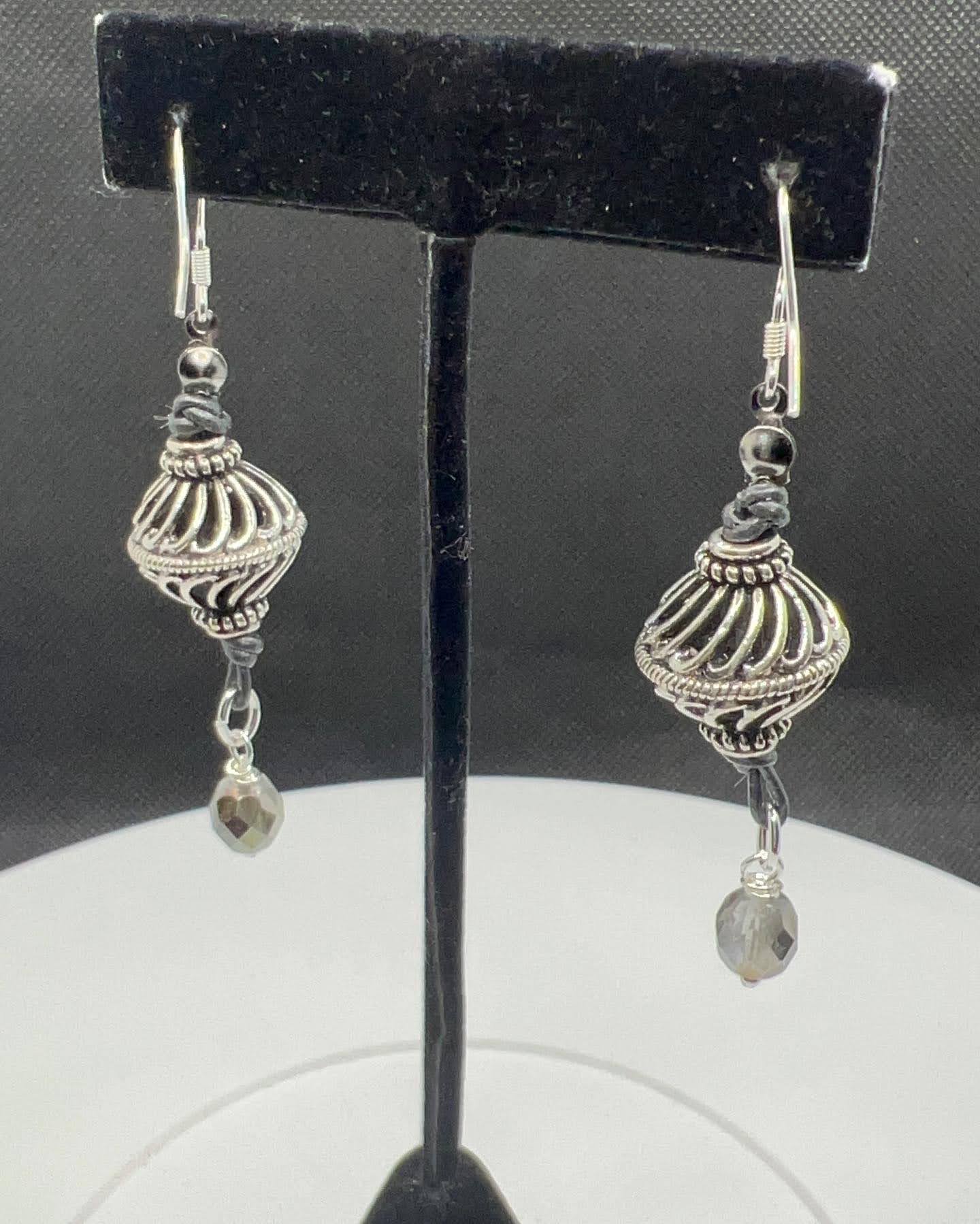 Antique Silver swirl Beads with Leather and Crystal Beads Earrings