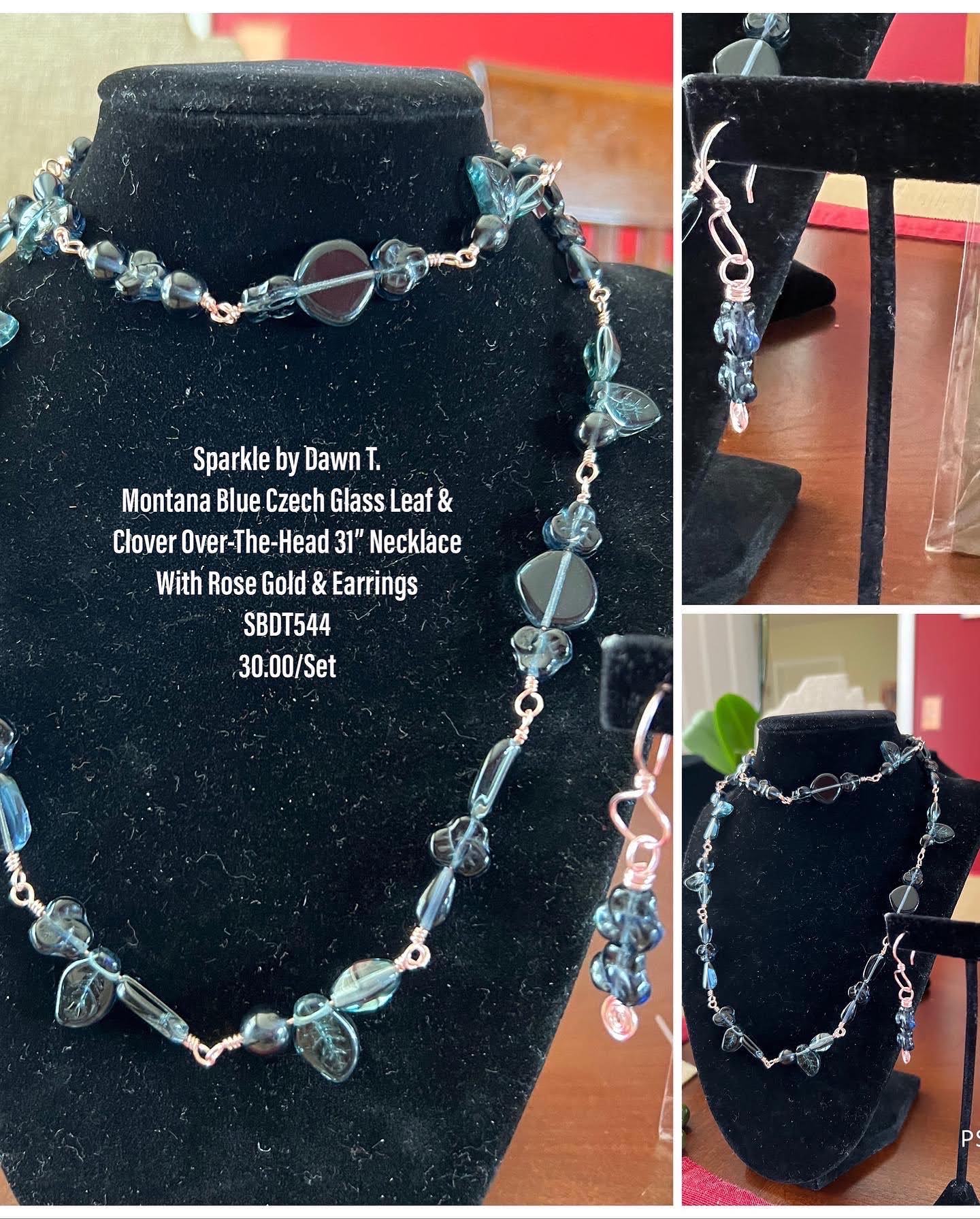 Montana Blue Czech Glass Necklace with Rose Gold and Earrings