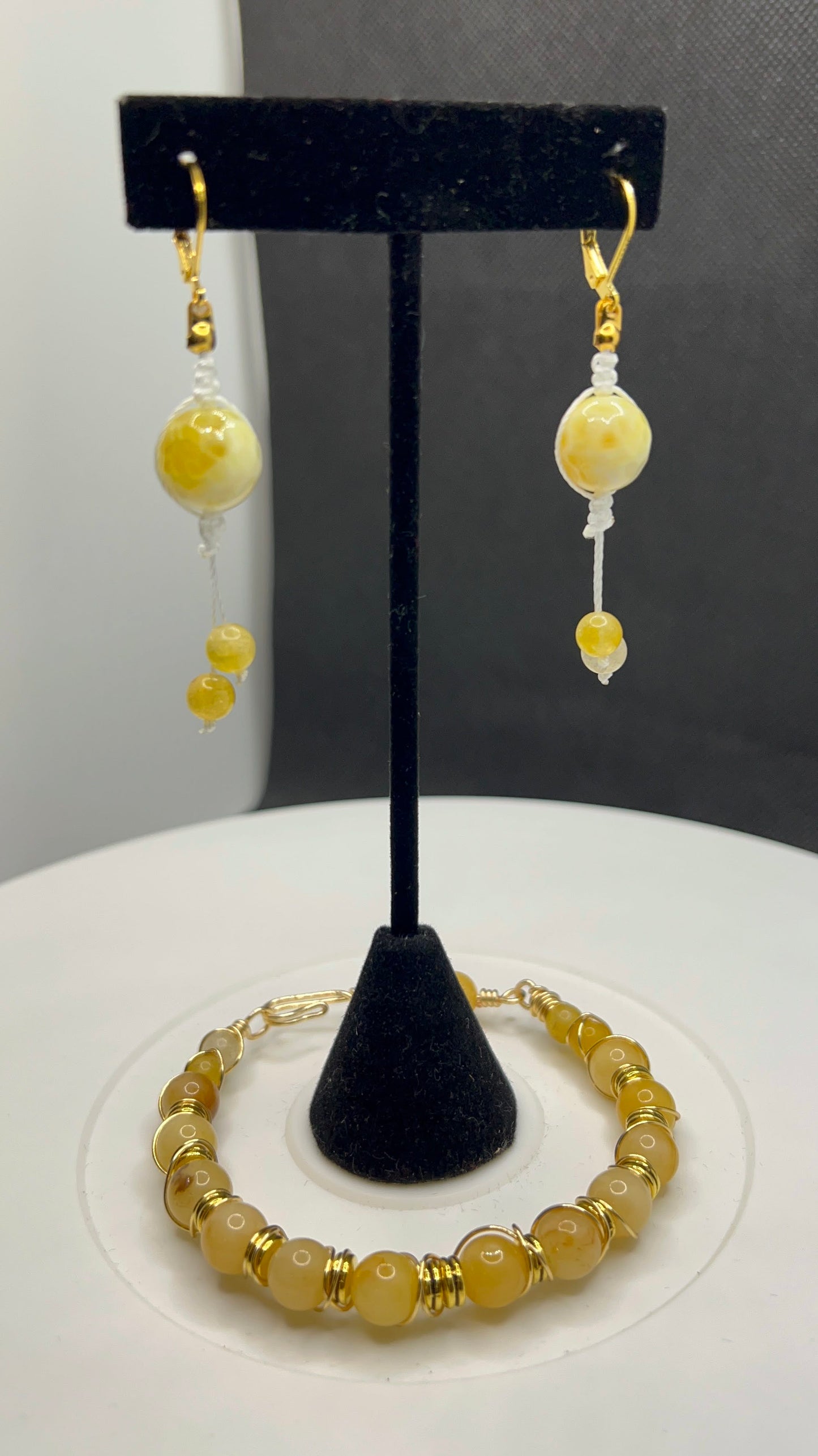 Fire Agate and Citrine Beaded Bracelet and Golden Spacers 7 - 7 1_2 and Earrings