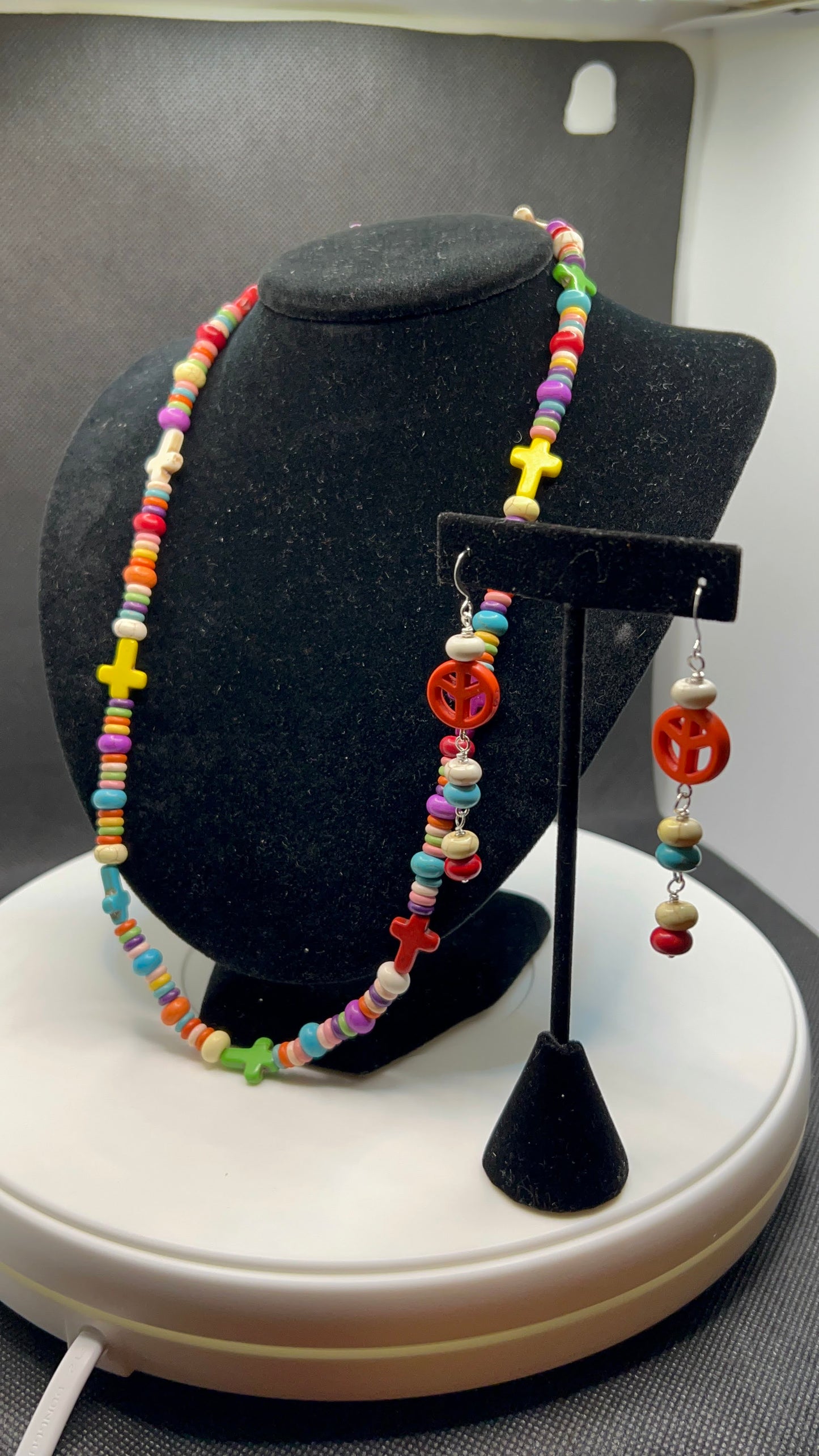 Multicolored Necklace, Howlite Crosses and Peace sign earrings