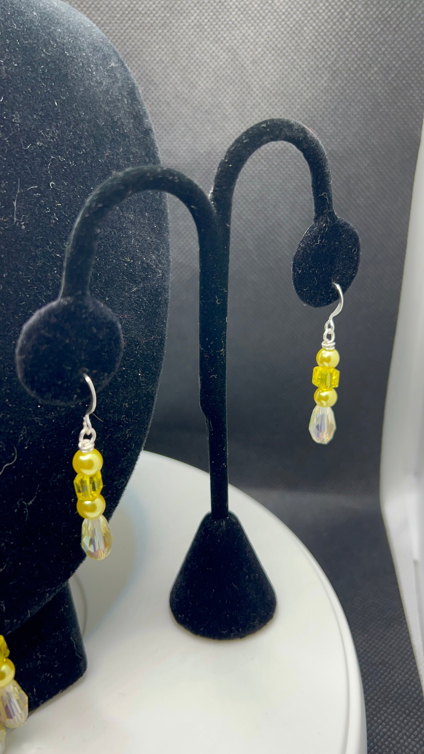 Yellow Teardrop Crystal, Cubed Crystal and Yellow Pearl Necklace 25-27in, Bracelet 6 1_2-8 and Earrings