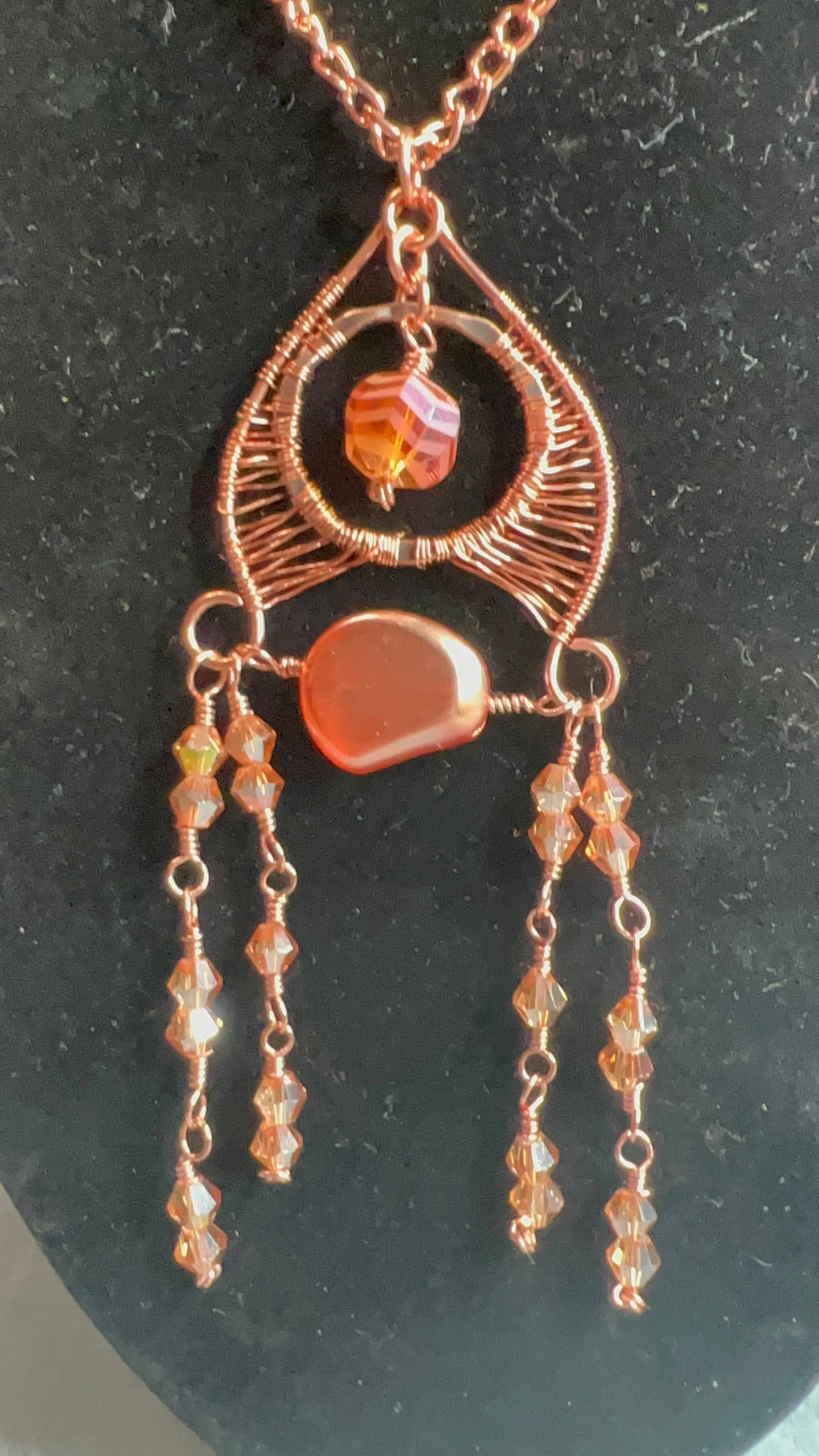 Copper Nefertiti Necklace with Peach Colored Crystals and Focal Beads